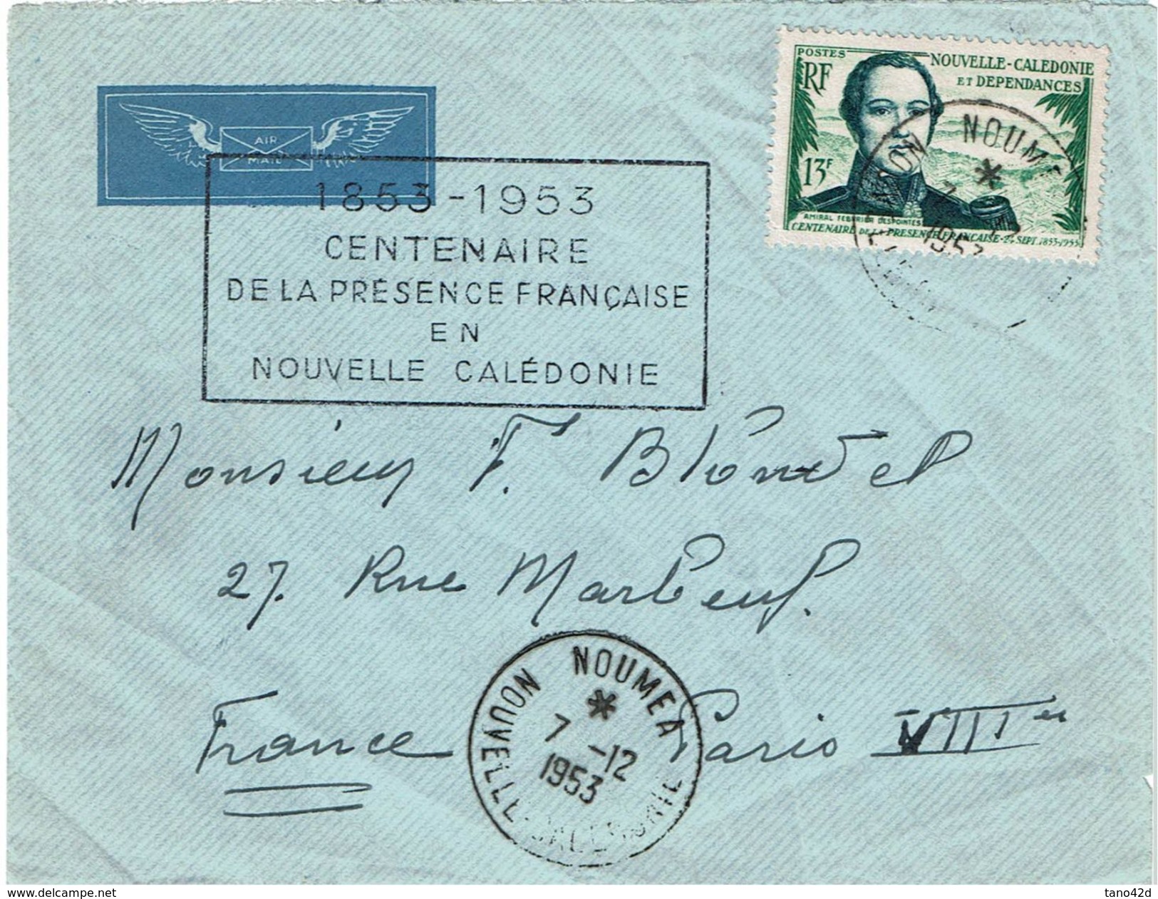 CTN52 - NOUVELLE CALEDONIE LETTRE DU 7/12/1953 - Storia Postale