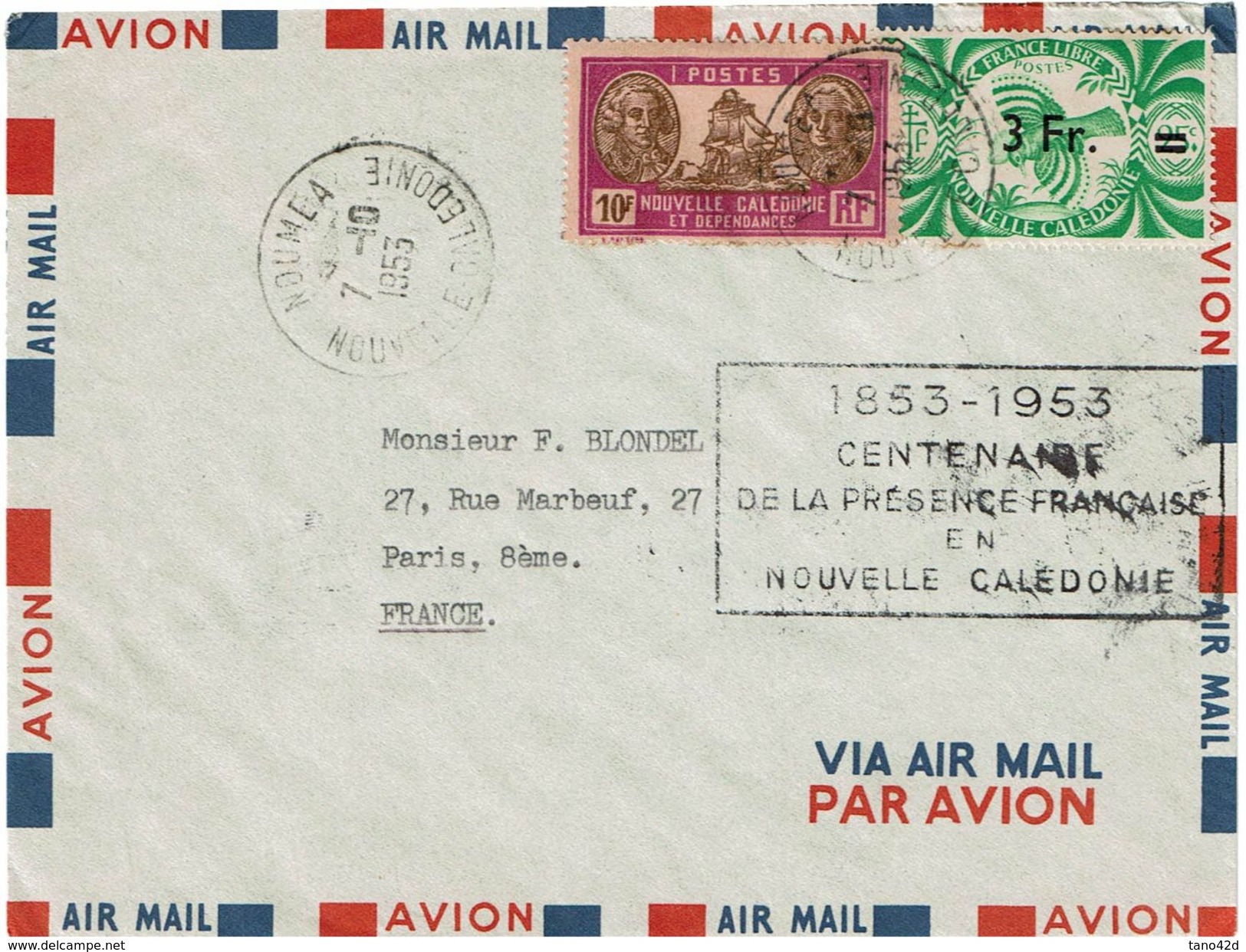 CTN52 - NOUVELLE CALEDONIE LETTRE DU 7/10/1953 - Cartas & Documentos