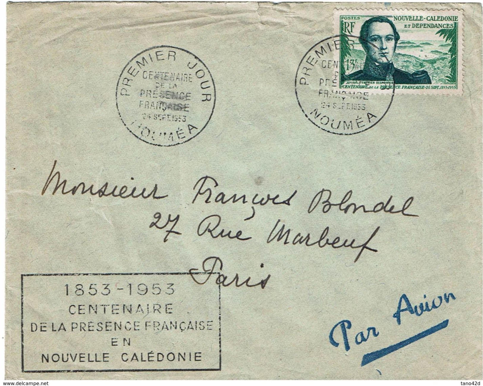 CTN52 - NOUVELLE CALEDONIE F. DESPOINTES SUR LETTRE FDC 24/9/1953 CIRCULEE - Storia Postale