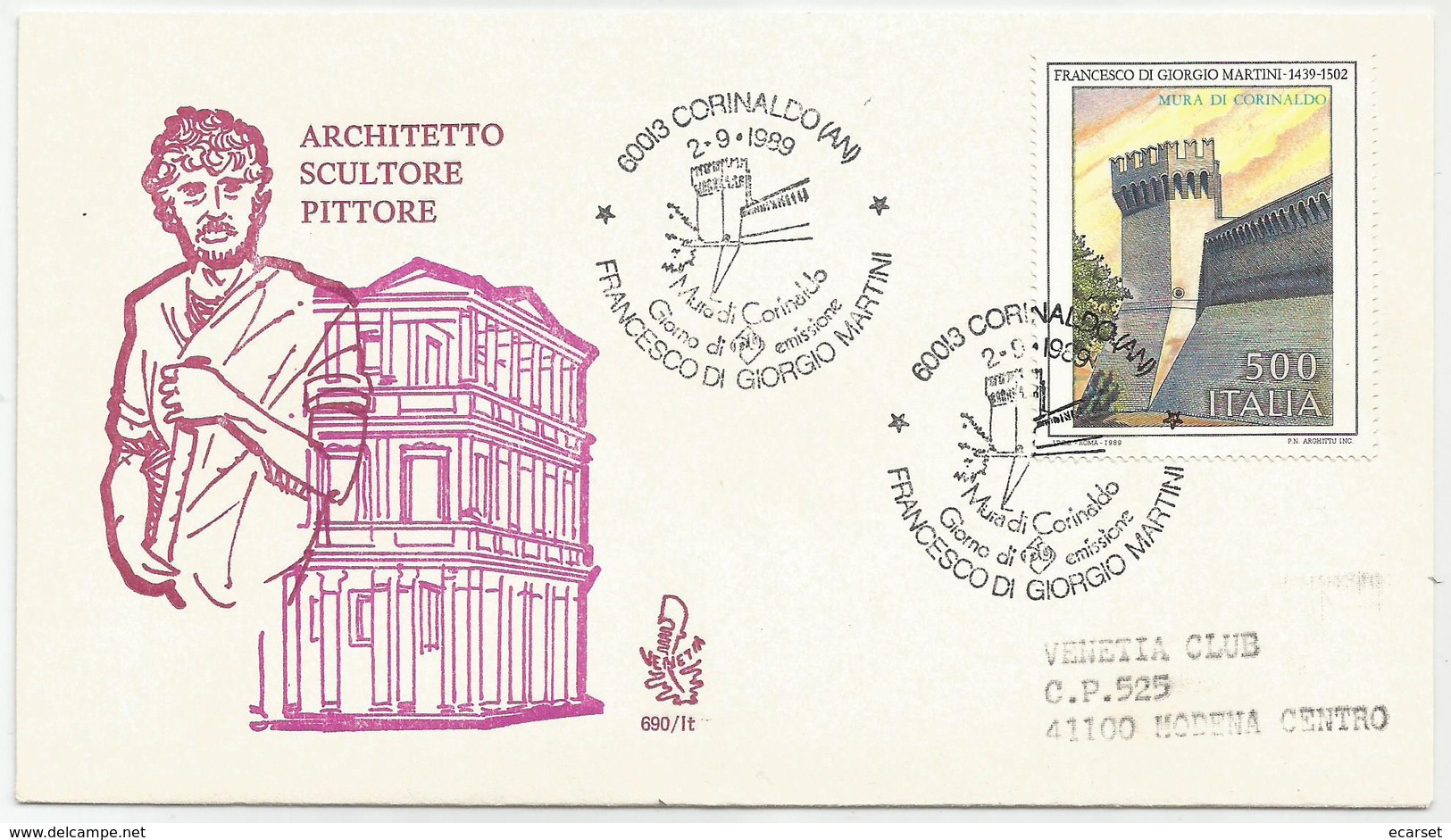 FRANCESCO DI GIORGIO MARTINI - MURA DI CORINALDO - 1989 - FDC VENETIA 690/it - ANNULLO SPECIALE CORINALDO - VIAGGIATA - FDC