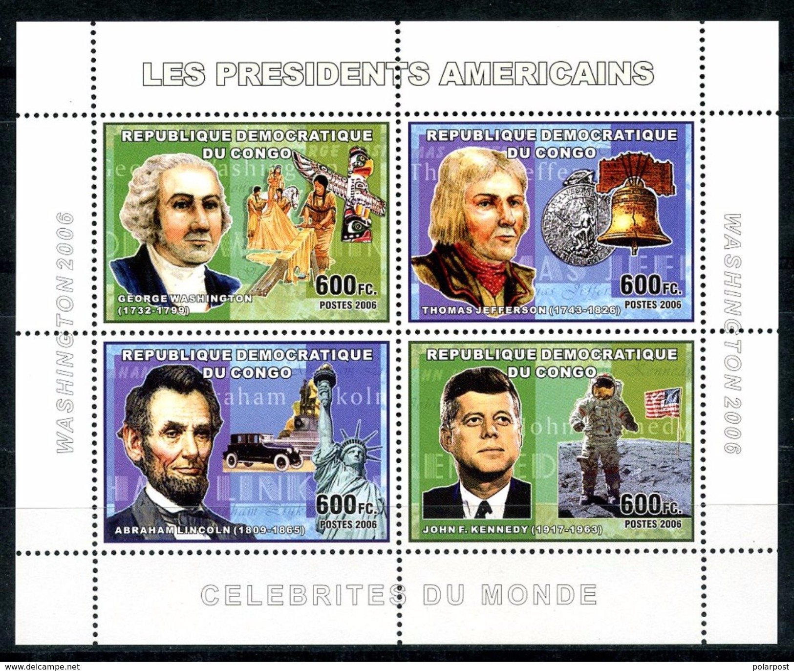 Congo (Kinshasa) 2006 KK0004 THE PRESIDENTS OF AMERICA (GEORGE WASHINGTON, THOMAS JEFFERSON, ABRAHAM LINCOLN, JOHN F. KE - Automobili