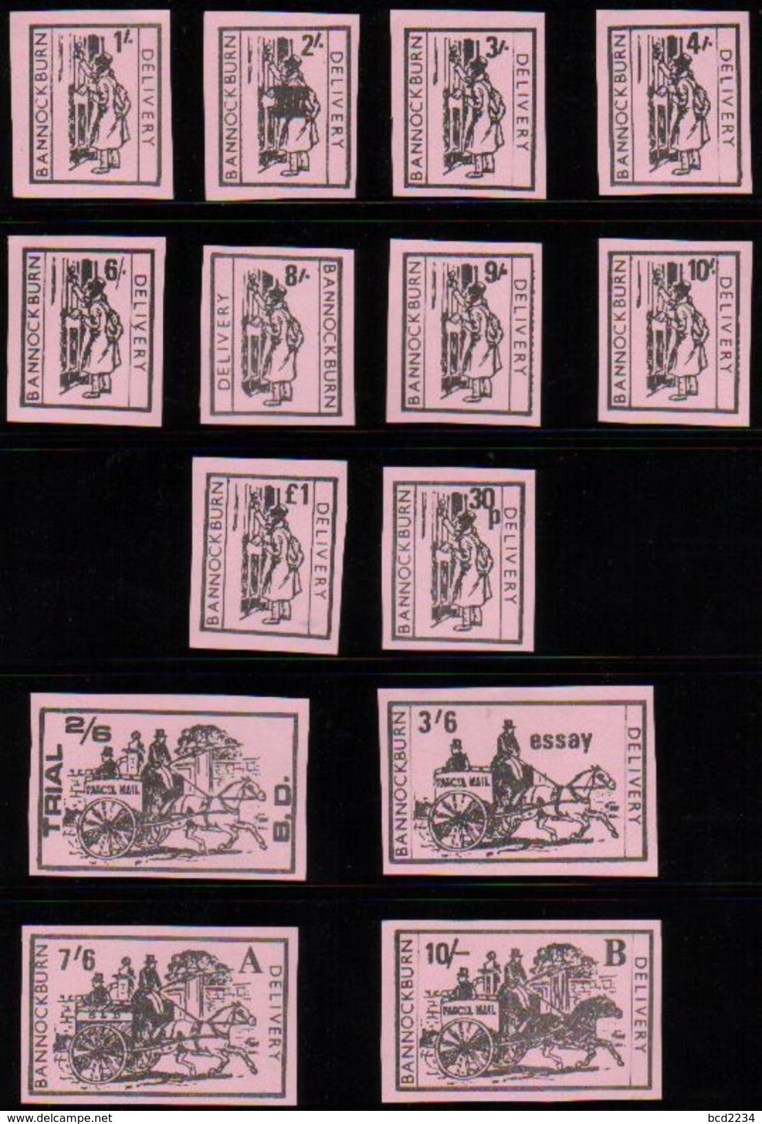 GB STRIKE MAIL (BANNOCKBURN DELIVERY) SET OF 22 COLOUR ESSAYS PINK IMPERF NHM Carriages Horses Stagecoaches - Local Issues