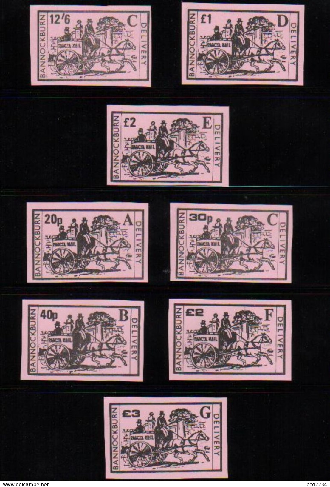 GB STRIKE MAIL (BANNOCKBURN DELIVERY) SET OF 22 COLOUR ESSAYS PINK IMPERF NHM Carriages Horses Stagecoaches - Local Issues