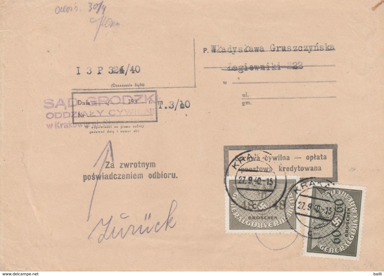 General Gouvernement Lettre De Service Krakau 1940 - Generalregierung