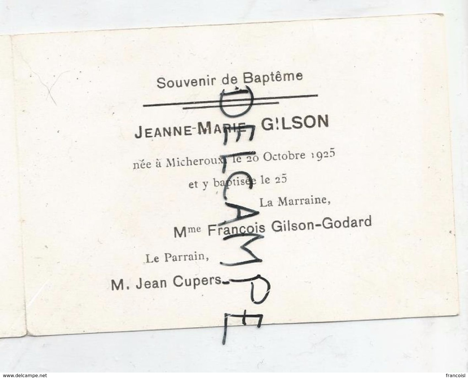 Mignonnette De Baptême. Jeanne-Marie Gilson Née à Micheroux Le 20 Octobre 1925 - Images Religieuses