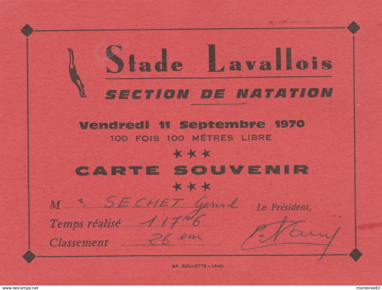 STADE LAVALLOIS SECTION DE NATATION 11/9/70 CARTE SOUVENIR -       TDA86 - Nuoto