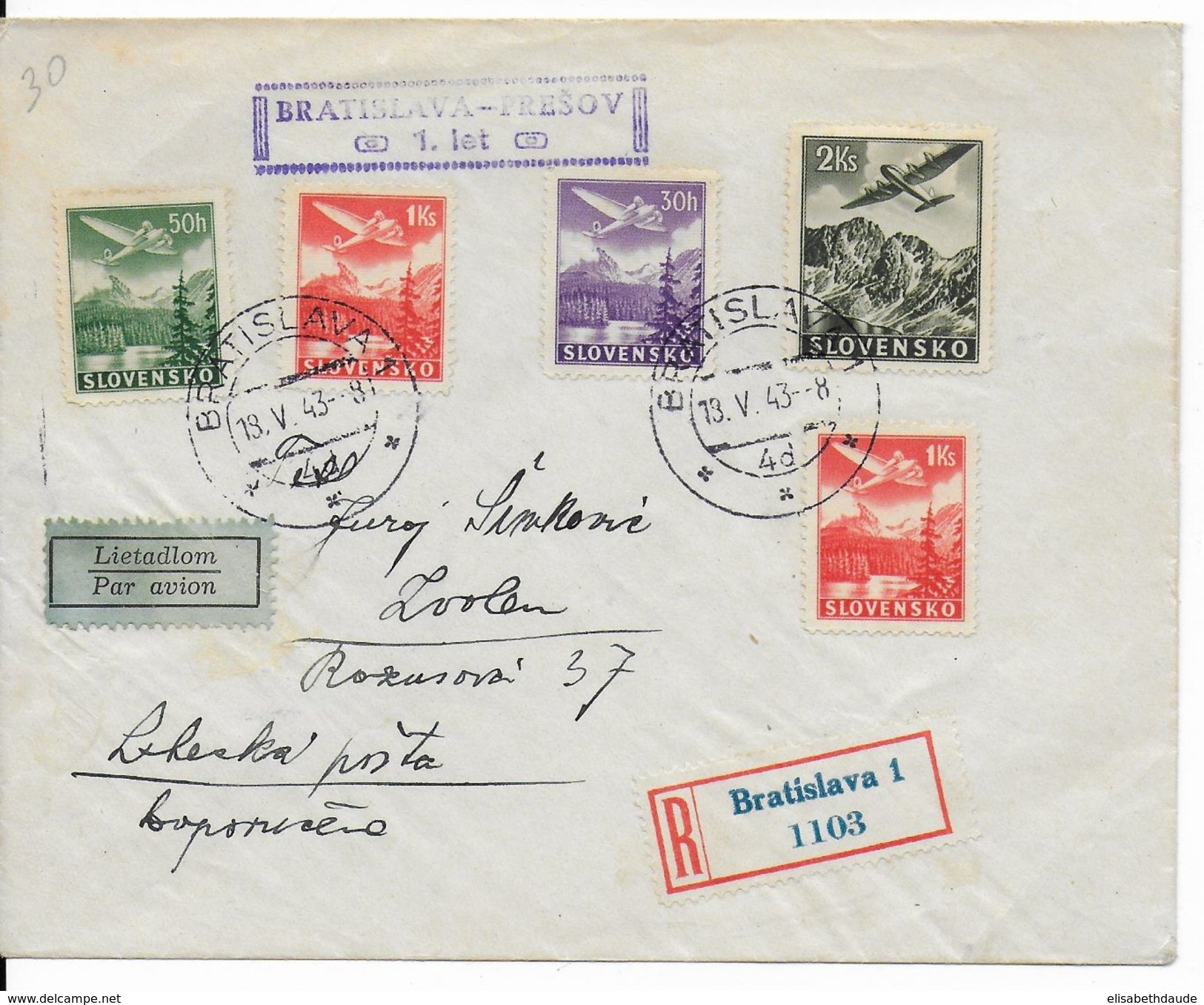 SLOVAQUIE - 1943 - ENVELOPPE RECOMMANDEE Par AVION 1° VOL De BRATISLAVA => PRESOV - Lettres & Documents