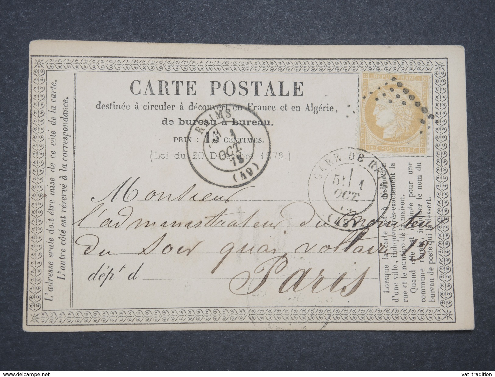 FRANCE - Carte Précurseur De Reims Pour Paris En 1873 - L 9898 - Vorläufer