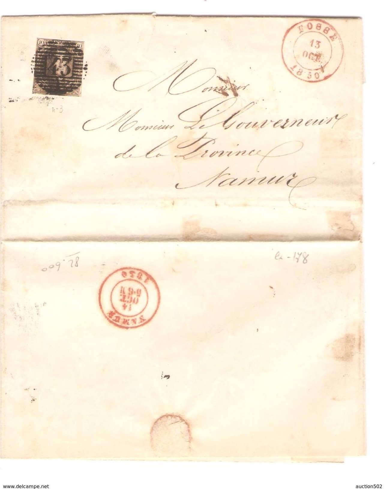 TP 3 S/LSC Obl.43 C.Fosses 13/10/1850 V.Namur C.d'arrivée PR4787 - Postmarks - Lines: Perceptions