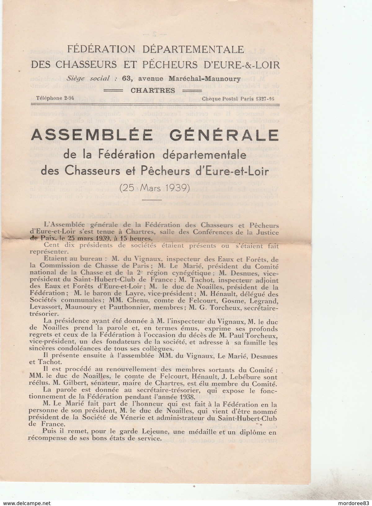 FEDERATION DEPT DES CHASSEURS ET PECHEURSD EURE ET LOIR ASSEMBLEE GENERALE 1939 - 4 PAGES -              TDA53 - Fishing