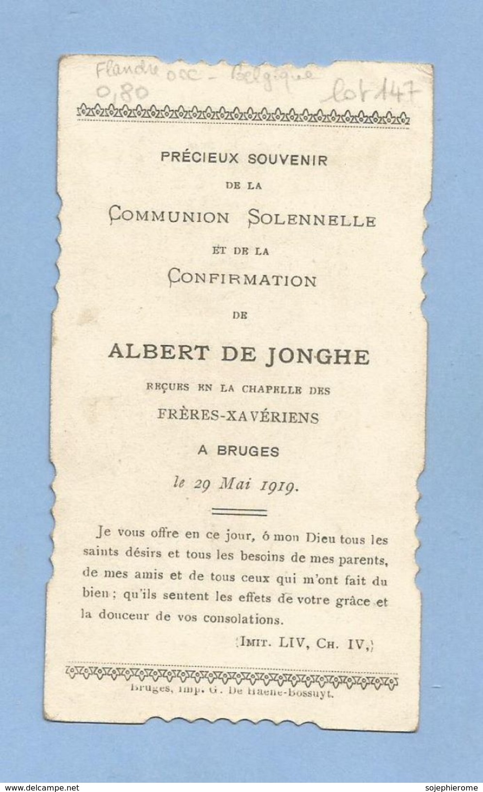 Communion Solennelle Albert De Jonghe Chapelle Des Frères-Xavériens à Bruges Brugge 29 Mai 1919 2scans - Communion