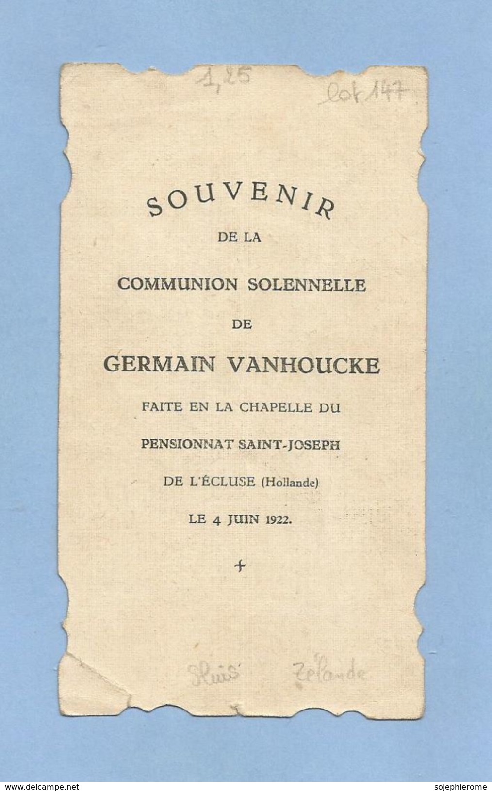 Communion Solennelle Germain Vanhoucke Chapelle Du Pensionnat Saint-Joseph L'Ecluse Sluis 4 Juin 1922 2scans - Communion