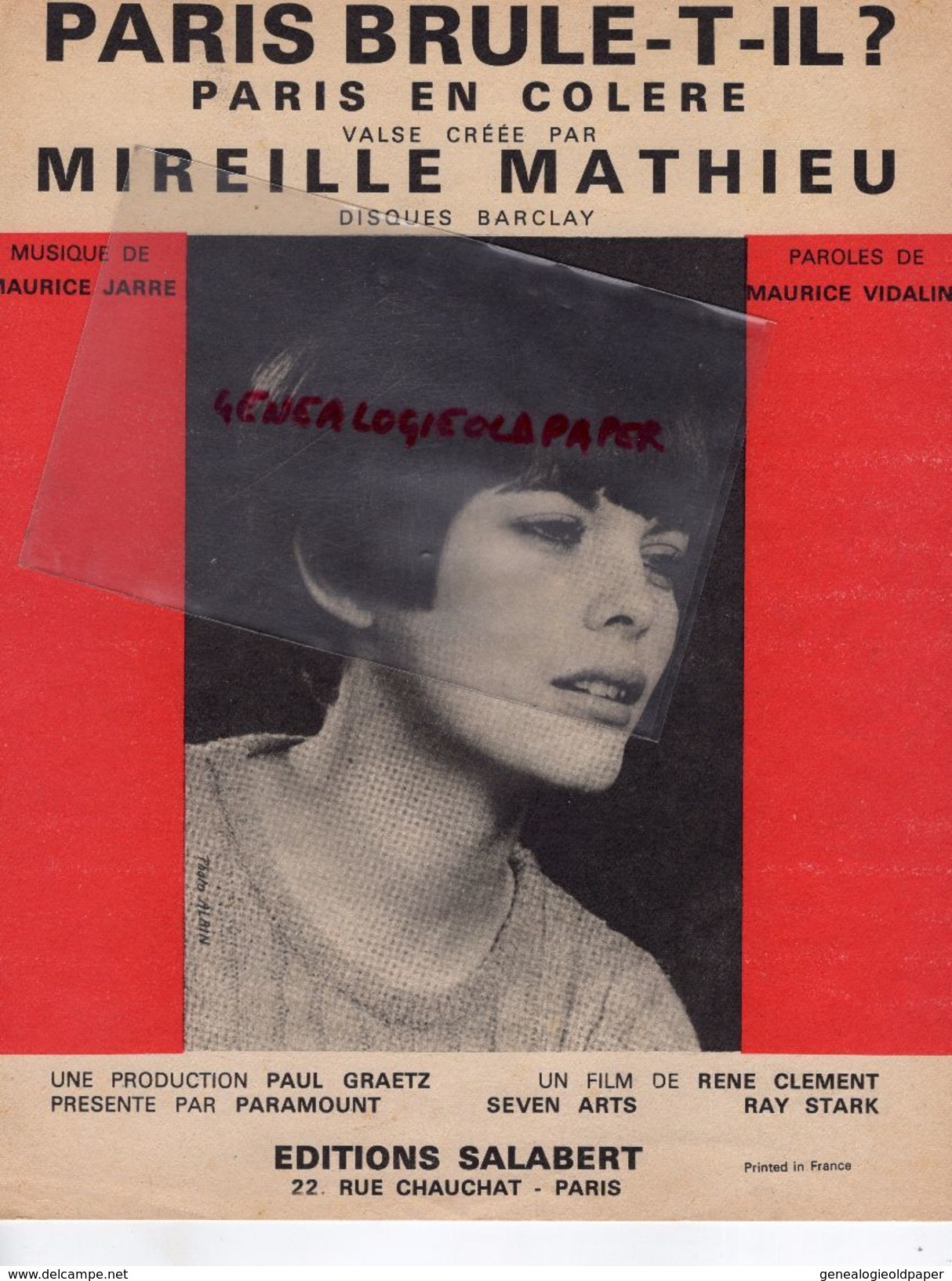 PARITION MUSICALE MIREILLE MATHIEU-PARIS BRULE T'IL ? PARIS EN COLERE-MAURICE JARRE-MAURICE VIDALIN -FILM RENE CLEMENT - Partitions Musicales Anciennes