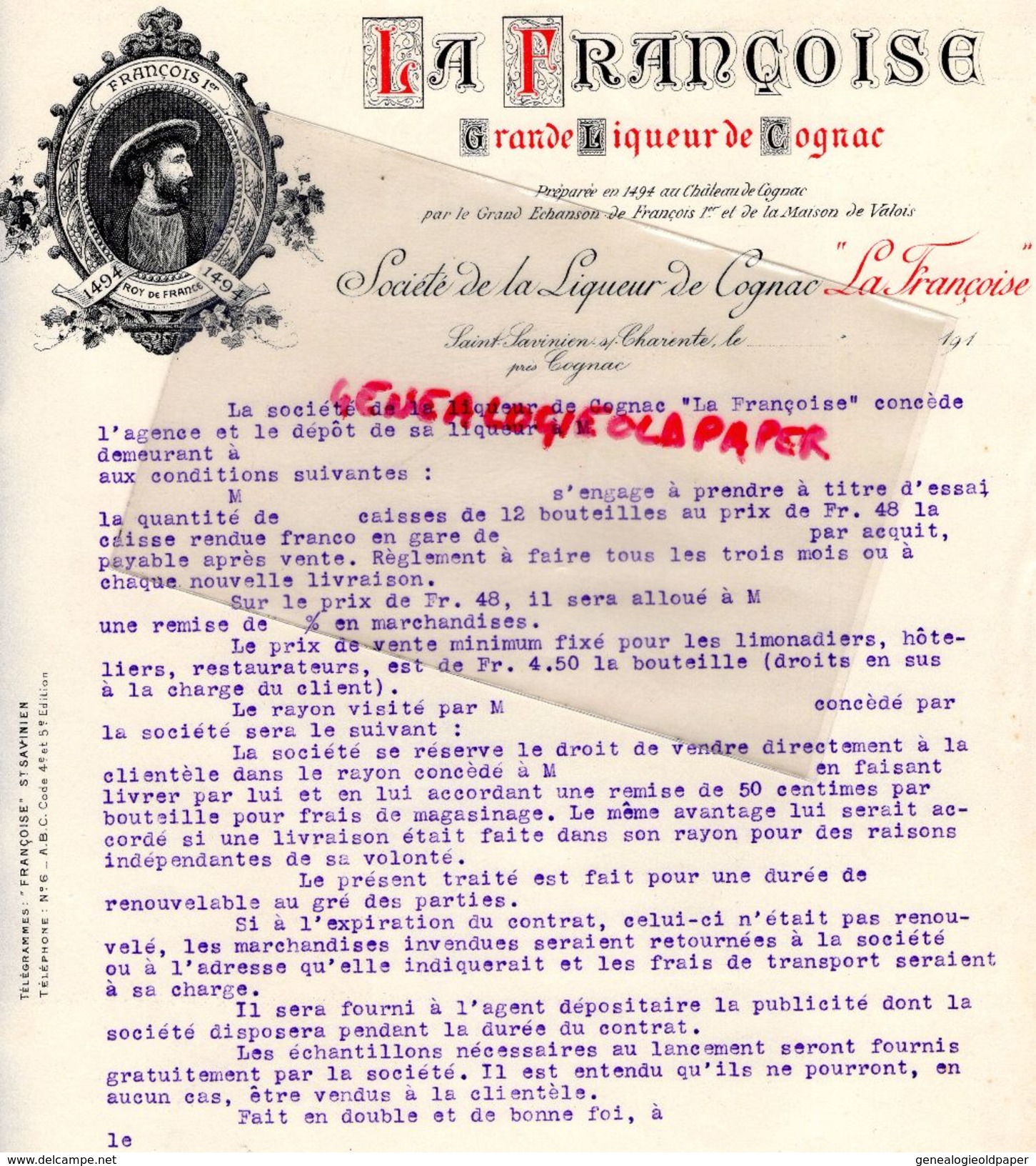 16- ST SAINT SAVINIEN SUR CHARENTE- CONTRAT VENTE STE LIQUEUR DE COGNAC " LA FRANCOISE "  1910 FRANCOIS 1ER - Documents Historiques