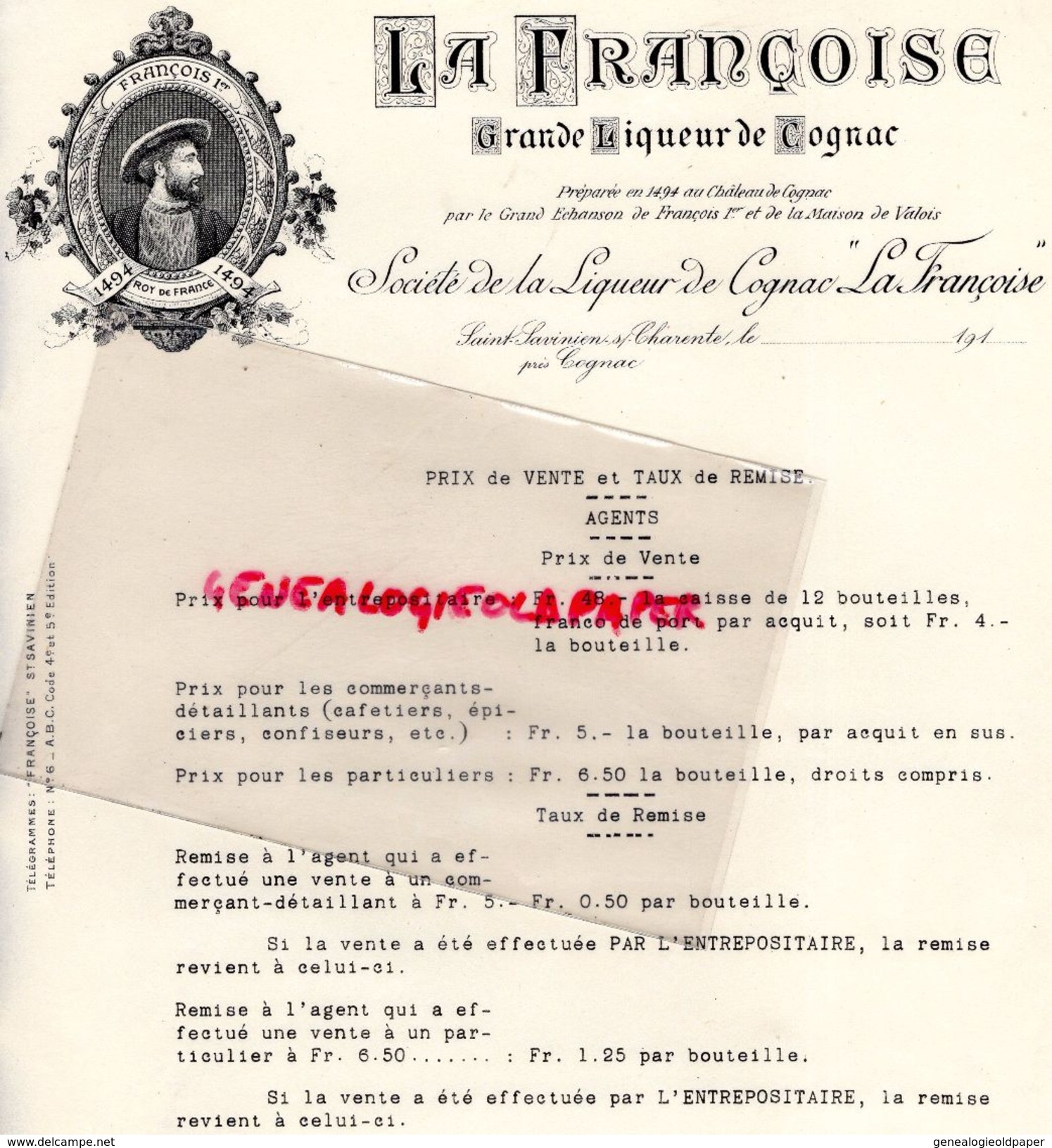 16- ST SAINT SAVINIEN SUR CHARENTE- PRIX  VENTE STE LIQUEUR DE COGNAC " LA FRANCOISE "  1910 FRANCOIS 1ER - Documents Historiques