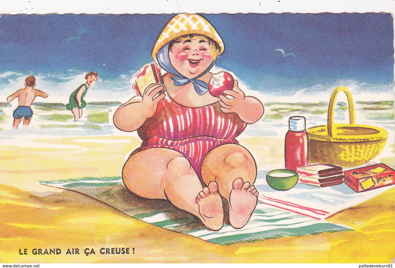 CPSM  Femme Grosse Mer Plage Repas Pomme Apple Humour Illustrateur - Contemporain (à Partir De 1950)