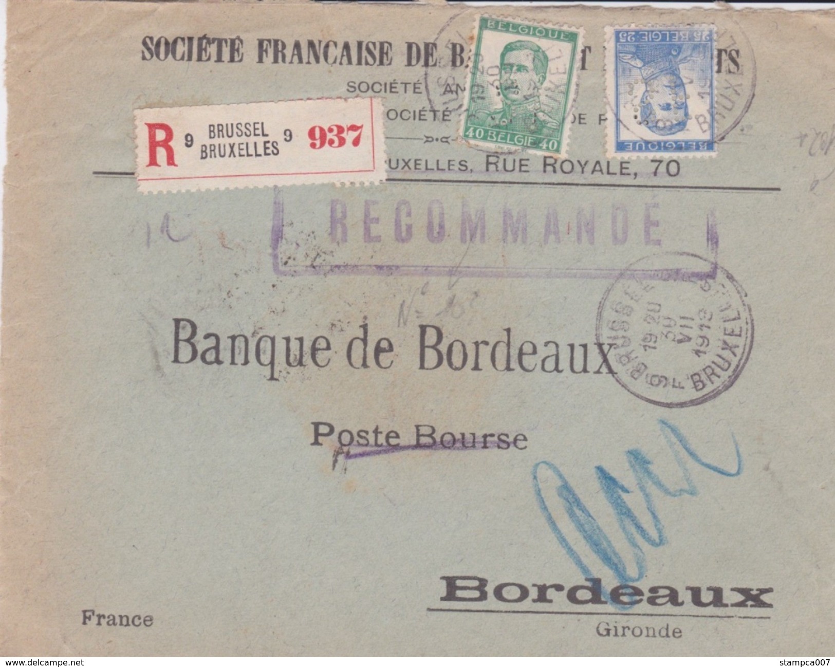 Perfin Perforatie " SF " = Société Francaise De Banque Et De Dépots - Pellens Vers Bordeaux : Fragment !! - 1909-34