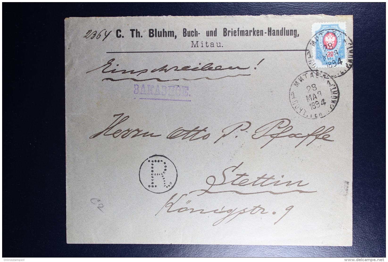 Russian Latvia : Registered Cover 1894 Kurland Mitau Jelgava  To Stettin - Storia Postale