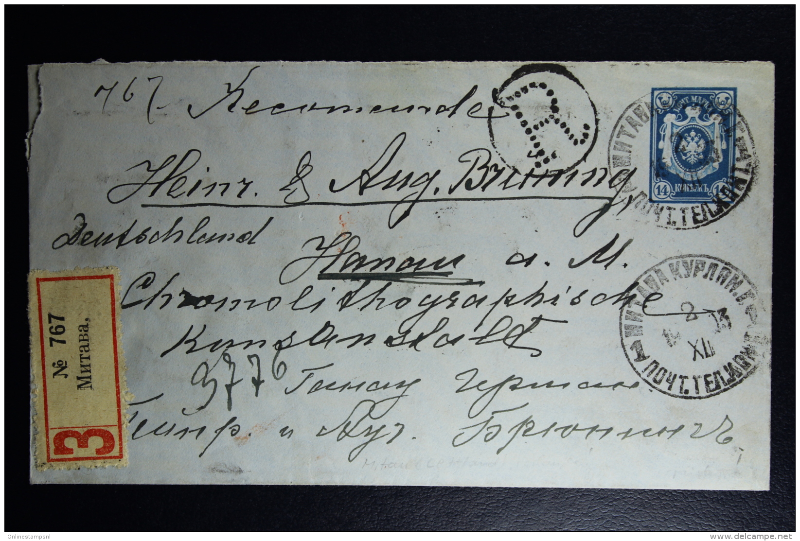 Russian Latvia : Uprated Stationary Registered Cover Mi Nr U 31 A 145*81 Mm Ohne Blitz   1903 Kurland Mitau Jelgava - Postwaardestukken
