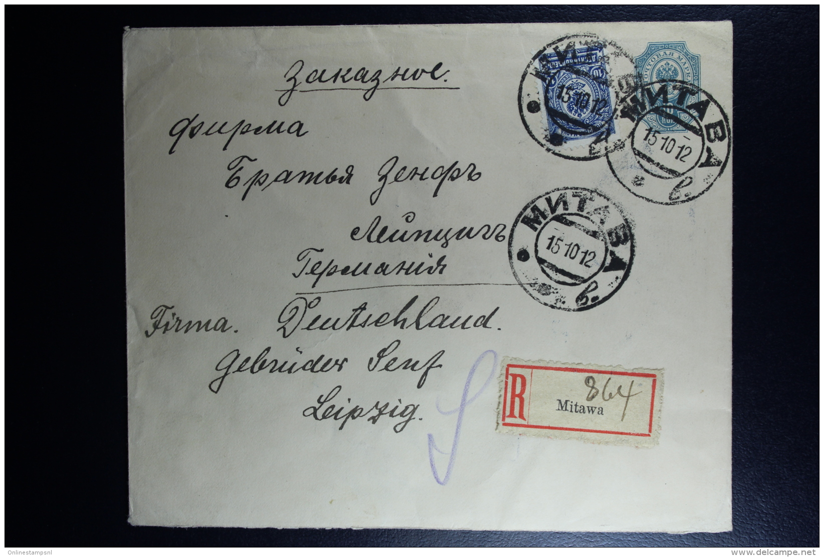 Russian Latvia : Uprated Stationary Cover Registered 1912 Kurland Mitau Jelgava Mntaba Leipzig Waxed Sealed Mi U 34 B - Interi Postali