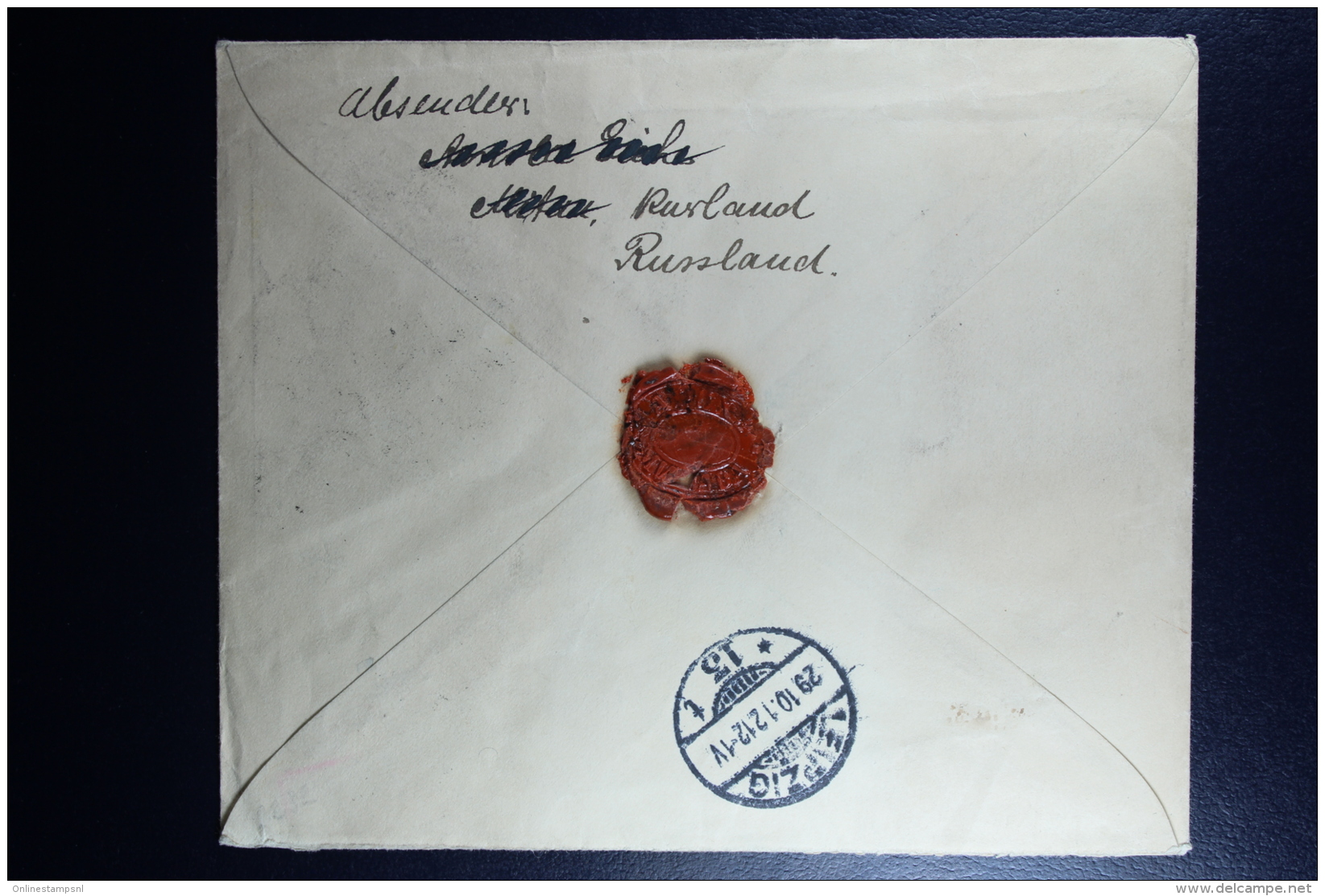 Russian Latvia : Uprated Stationary Cover Registered 1912 Kurland Mitau Jelgava Mntaba Leipzig Waxed Sealed Mi U 34 B - Entiers Postaux