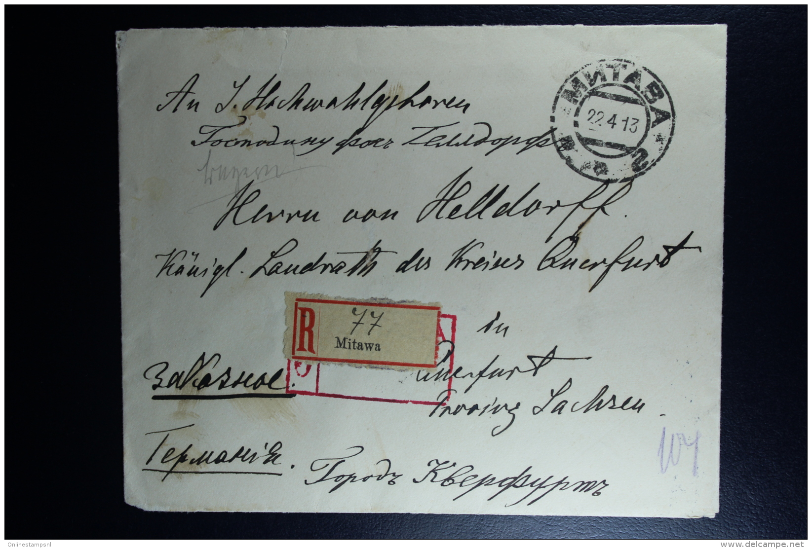 Russian Latvia : Registered Cover 1913 Kurland Mitau Jelgava Mntaba Querfurt Mixed Stamps - Lettres & Documents