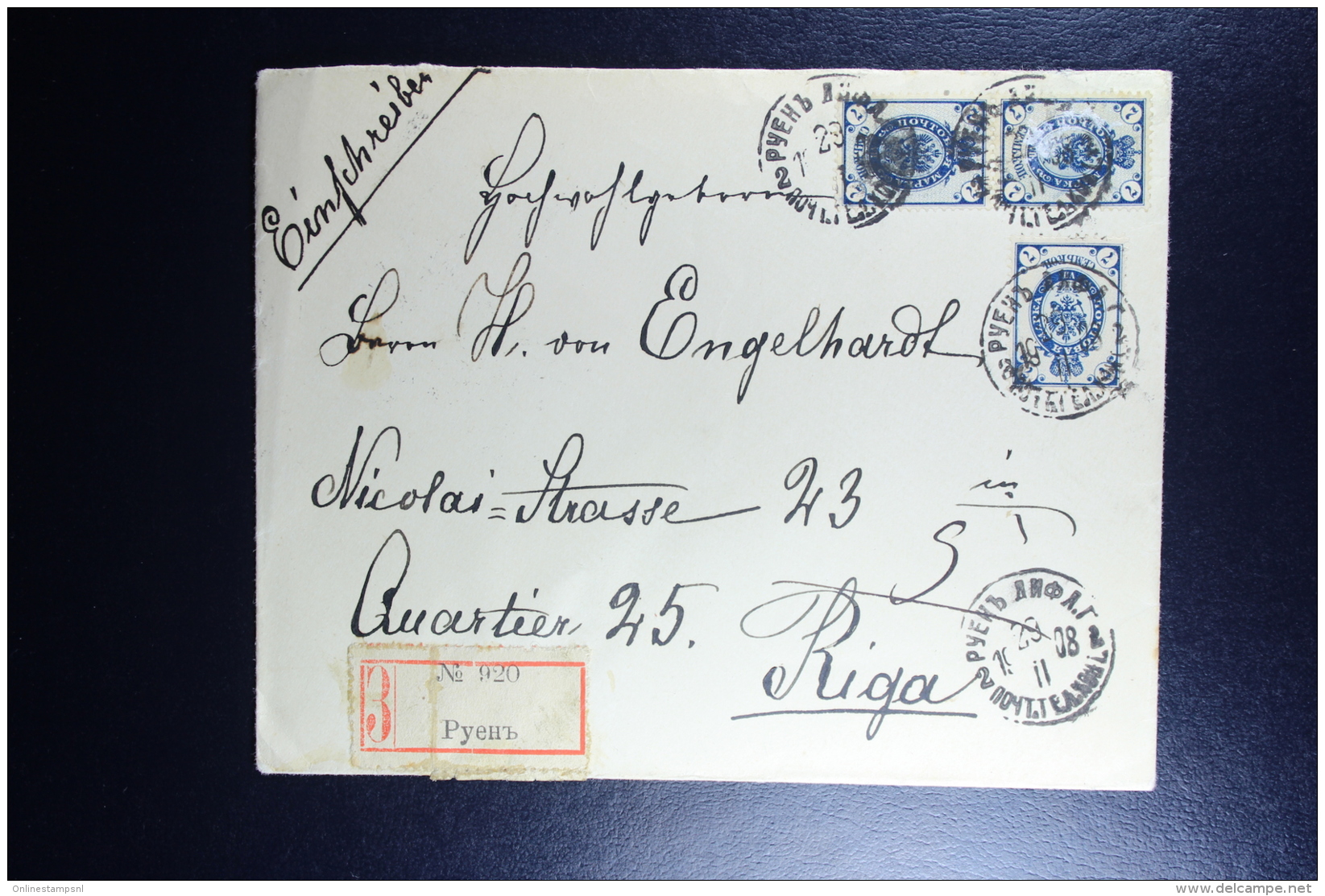 Russian Latvia : Registered Cover 1908 Livland Rujen Rujiena To Riga - Covers & Documents