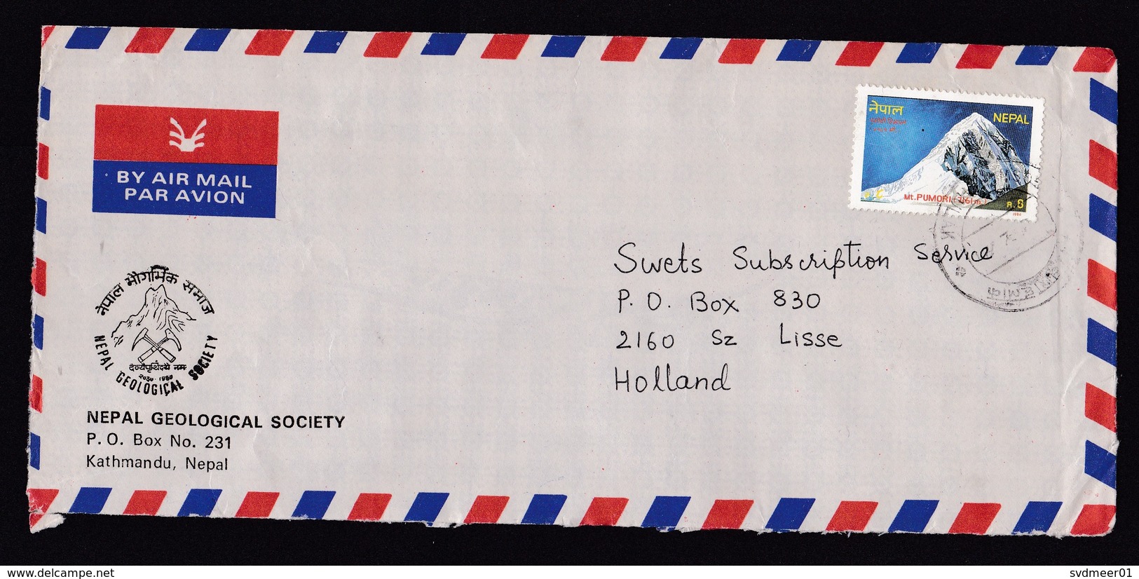 Nepal: Airmail Cover To Netherlands, 1 Stamp, Pumori Mountain, Himalaya, Sent By Geological Society (minor Damage) - Nepal