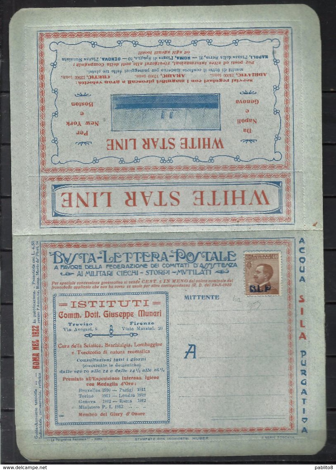 ITALY KINGDOM ITALIA REGNO 1921 BLP Busta Lettera Postale 40 Cent. Pubblicità WHITE STAR LINE NUOVA FIRMATA SIGNED - Stamps For Advertising Covers (BLP)