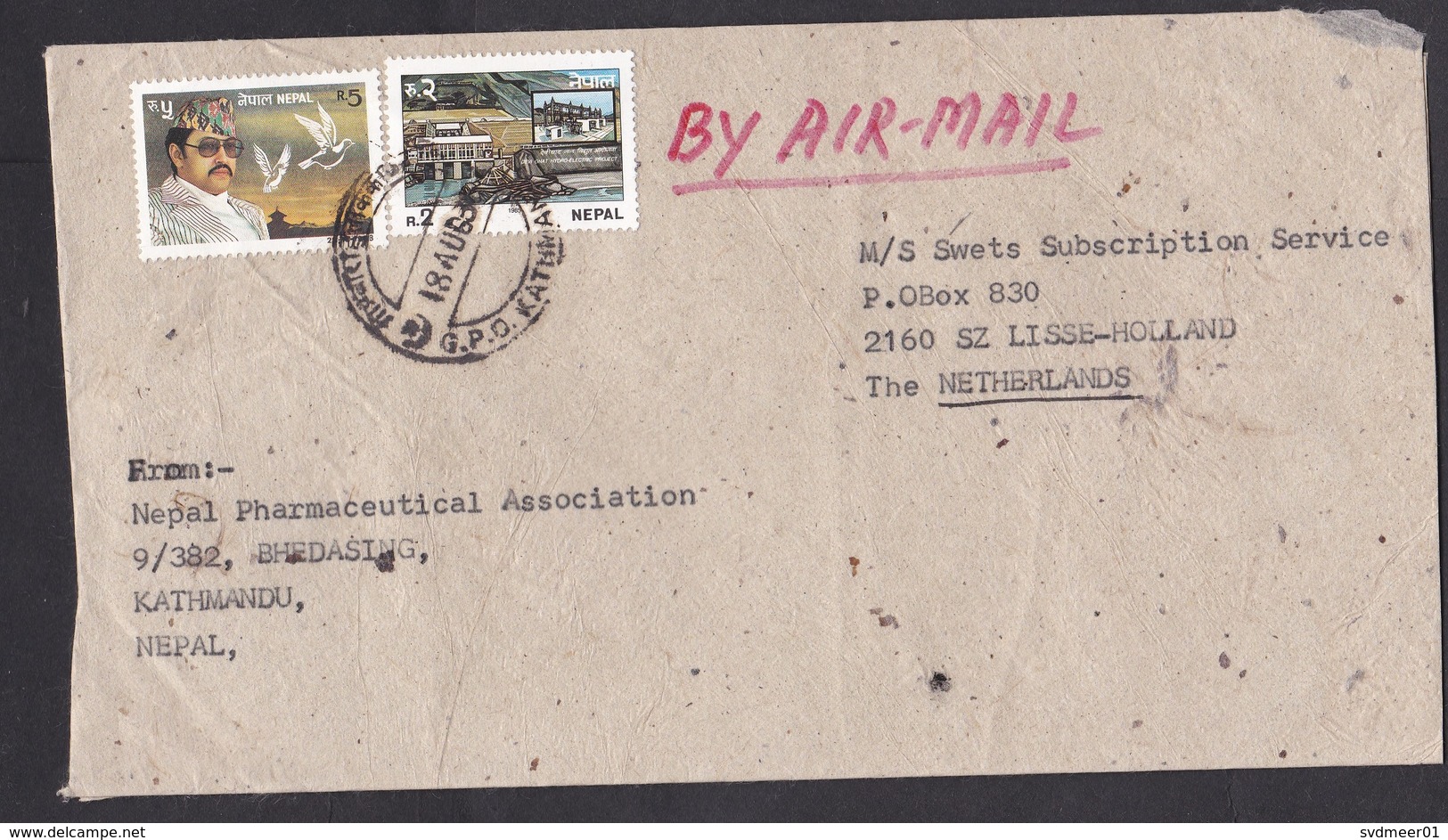 Nepal: Airmail Cover To Netherlands, 2 Stamps, King, Peace Pigeon, Dam, Hydro-electricity (minor Damage) - Nepal