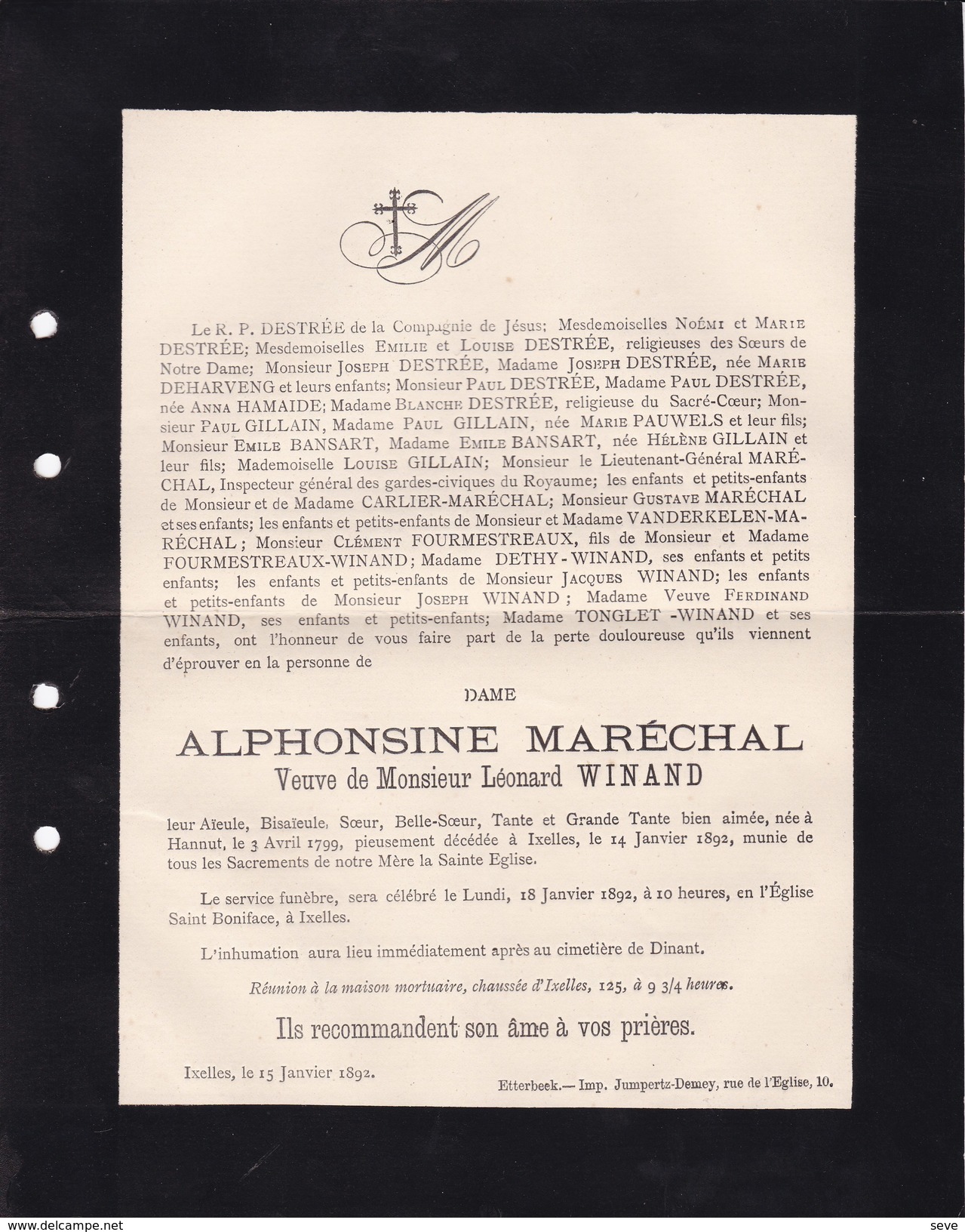 HANNUT IXELLES Aphonsine MARECHAL Veuve WINAND 1799-1892 Faire-part Mortuaire Familles GILLAIN DESTREE CARLIER Dinant - Todesanzeige