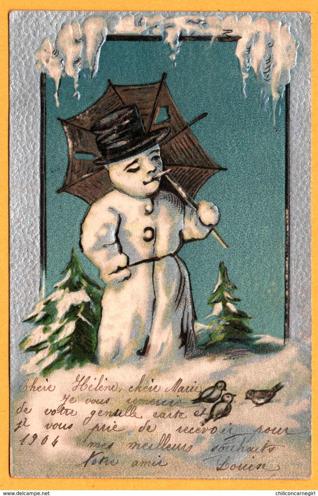 Carte Gaufrée - Bonhomme De Neige Qui Fume - Chapeau - Parapluie - Sapin - Oiseaux - SERIE 183 - 1904 - New Year