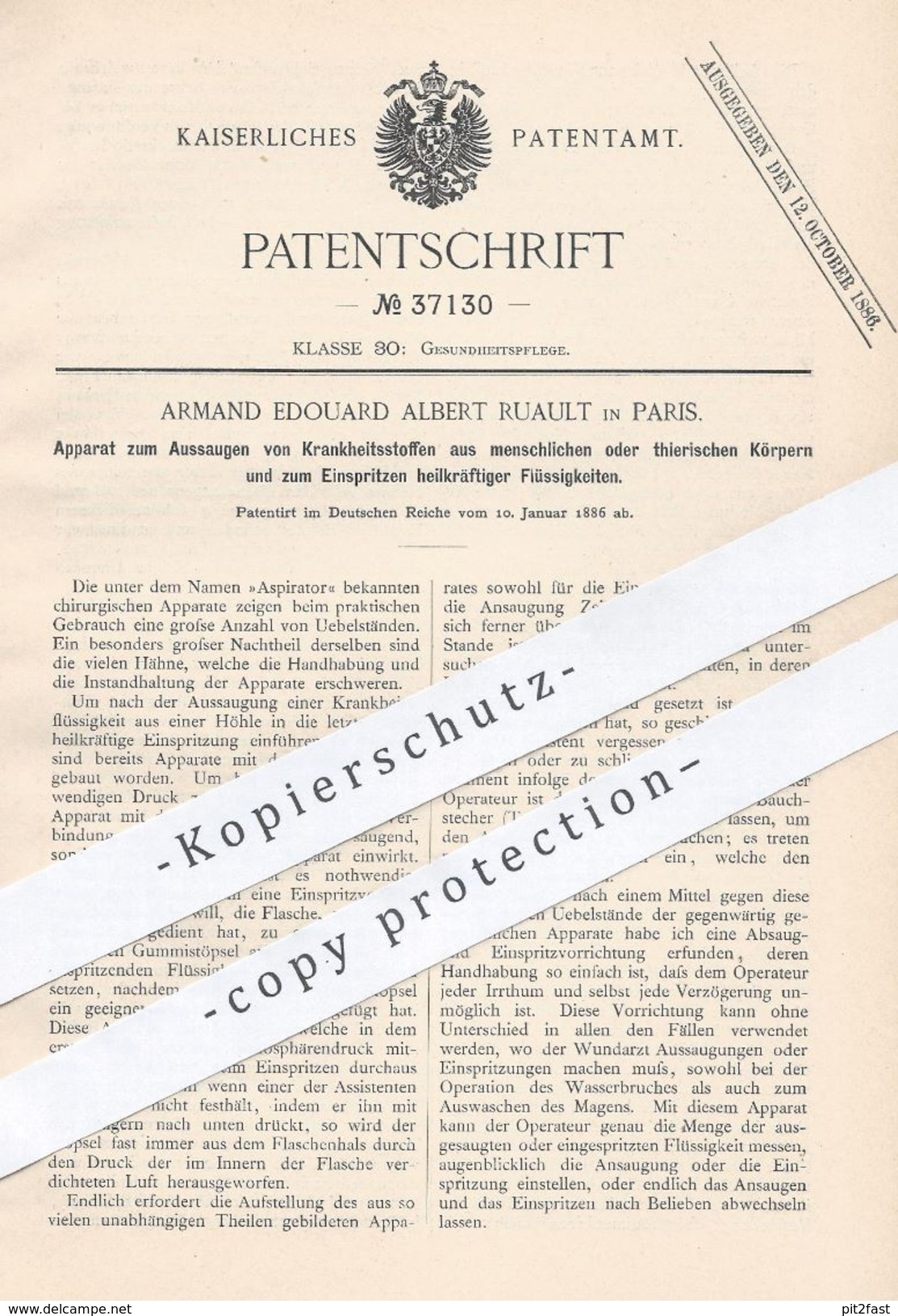 Original Patent - Armand Edouard Albert Ruault , Paris  1886 , Sauger Für Chirurg , Arzt , Medizin | Aspirator , Spritze - Historische Dokumente