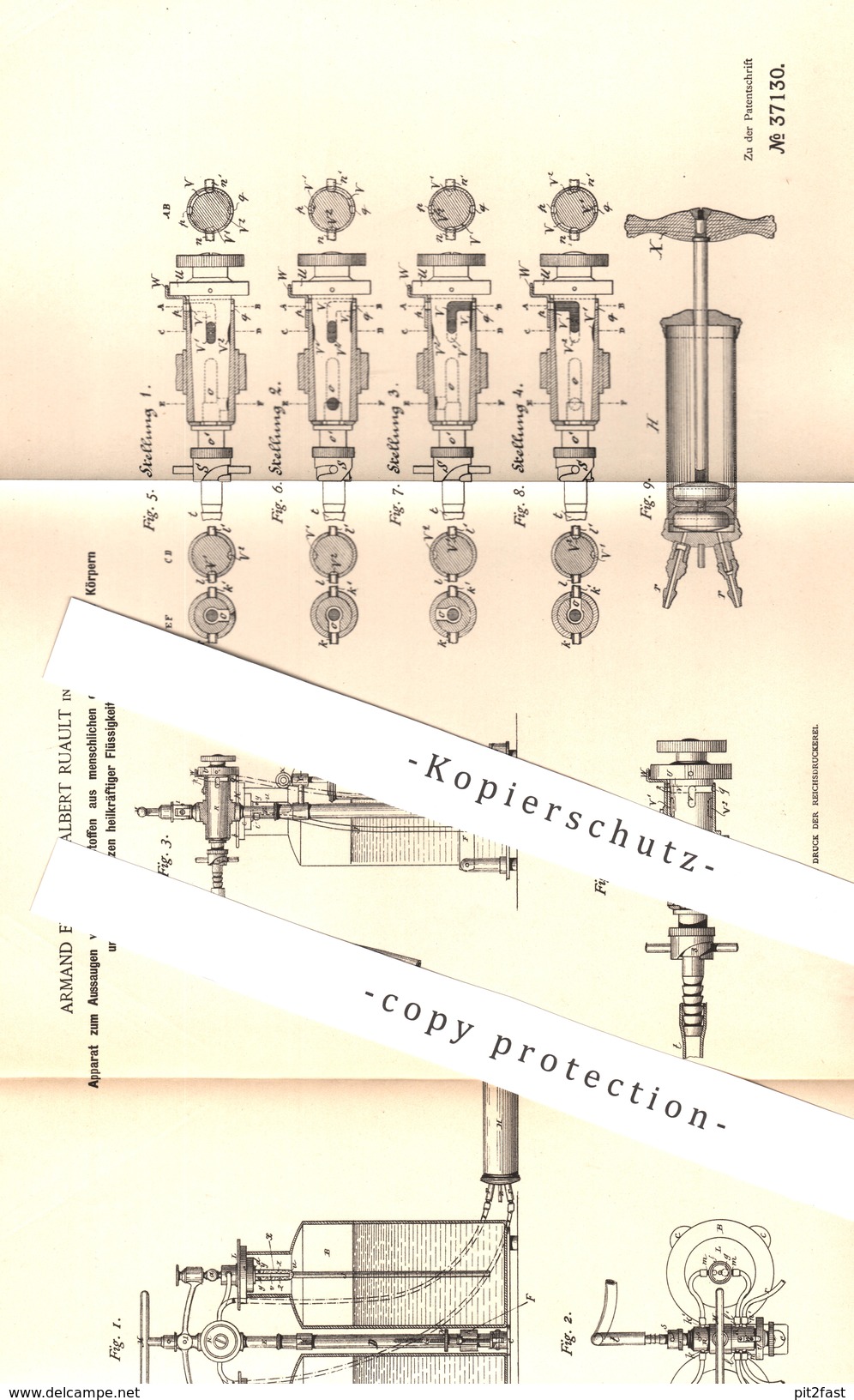 Original Patent - Armand Edouard Albert Ruault , Paris  1886 , Sauger Für Chirurg , Arzt , Medizin | Aspirator , Spritze - Historische Dokumente