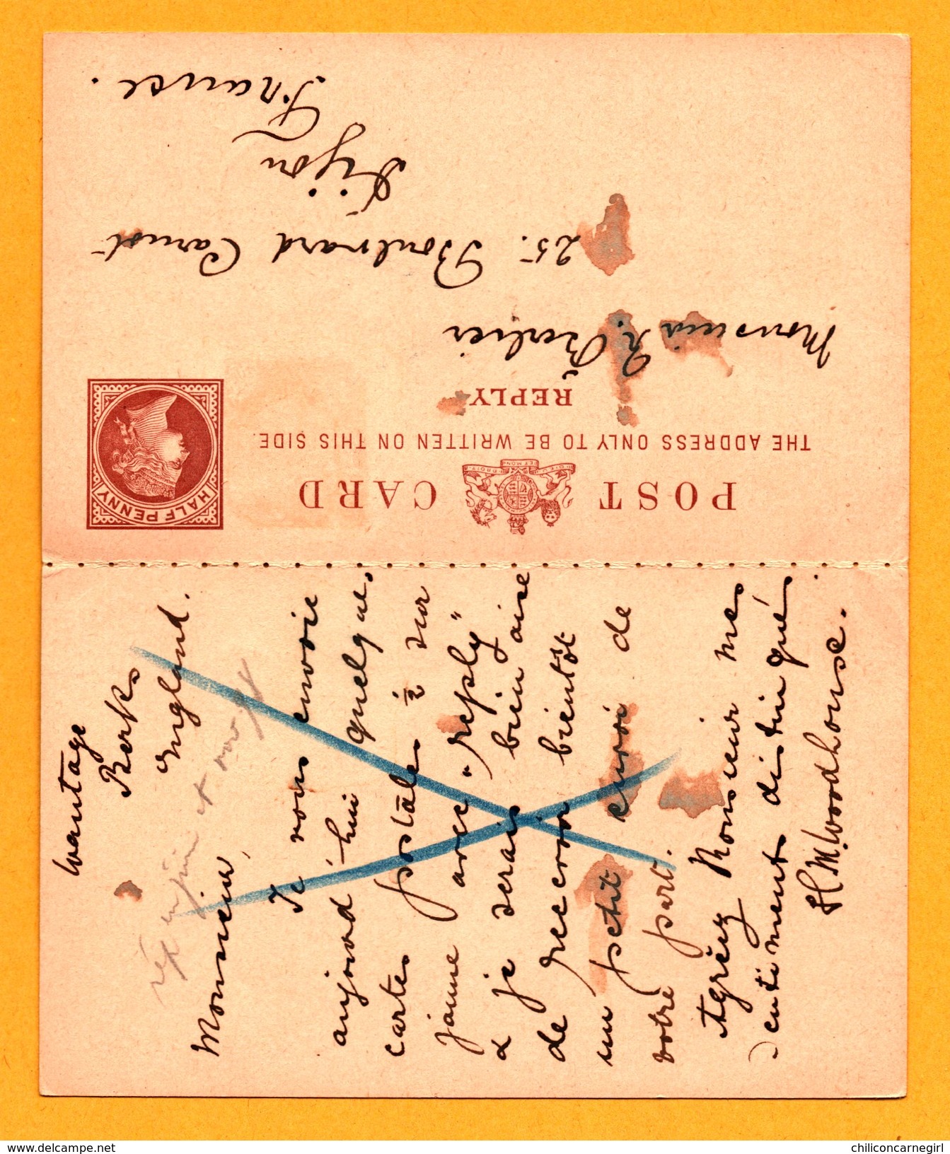 1898 HALF PENNY - ½ SUR JAUNE AVEC REPLY - CONVOYEUR CALAIS A DOUVRE 3 JUIN 98 DIJON 4 JUIN 98 MIREBEL 5 JUIN 98 - Stamped Stationery, Airletters & Aerogrammes