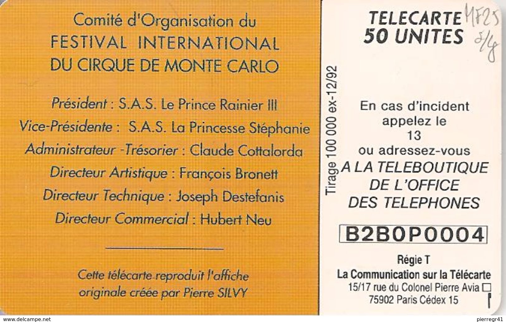 CARTE#-PUBLIC-MONACO-50U-MF25-GEMAS/2eLogo-12/92-17e FESTIVAL Du CIRQUE-UTILISE-V°N°B2B0P0004 / -TBE - Monace