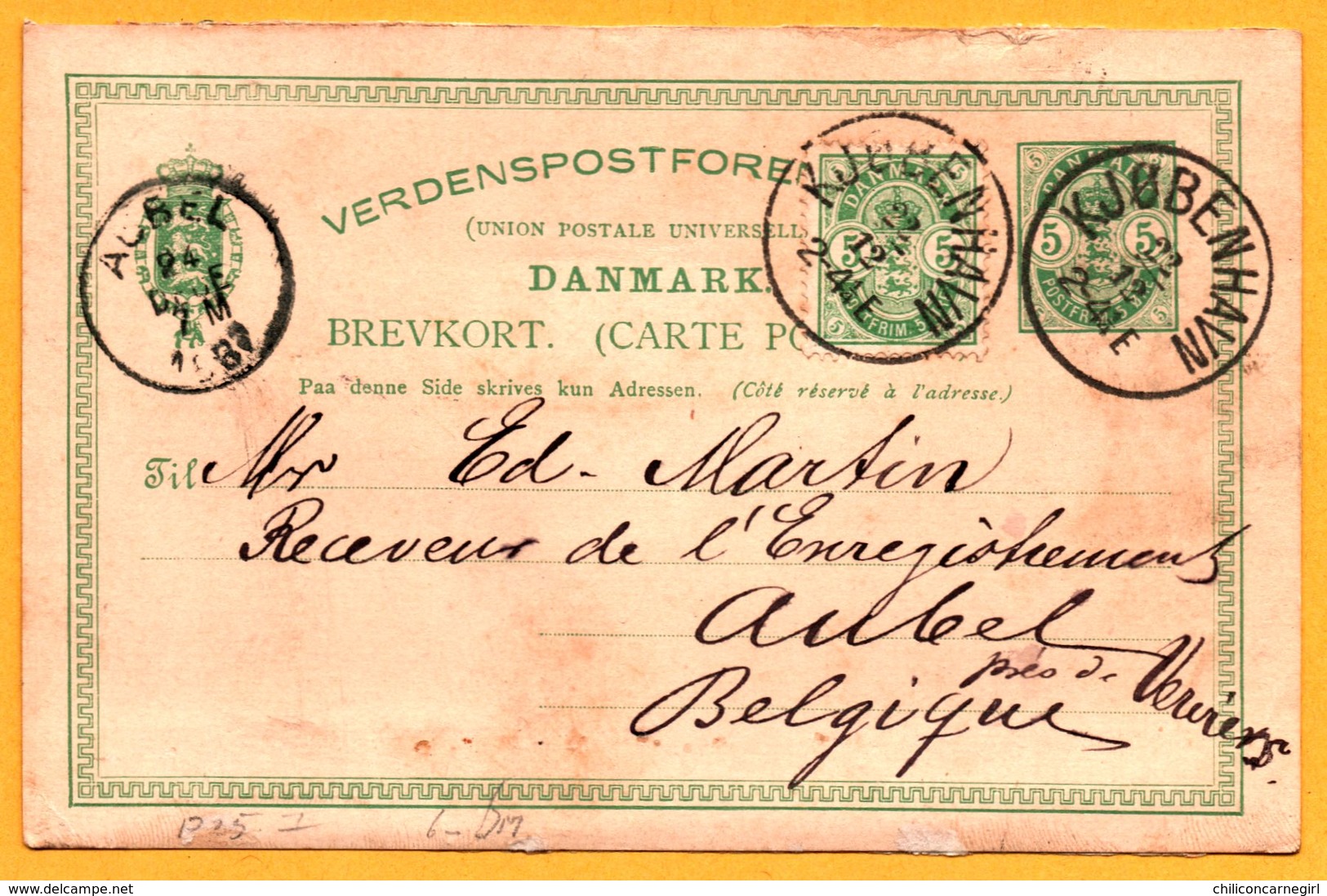 Entier Postal Postfrim 5 ORE - Danemark - AUBEL 1887 - KJUBENHAVM - Cartas & Documentos