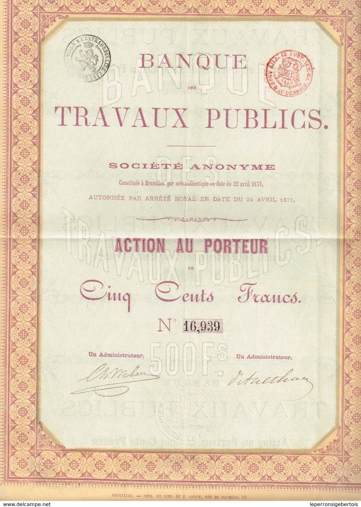 Action Ancienne - Banque Des Travaux Publics - Titre De 1871 - - Banca & Assicurazione