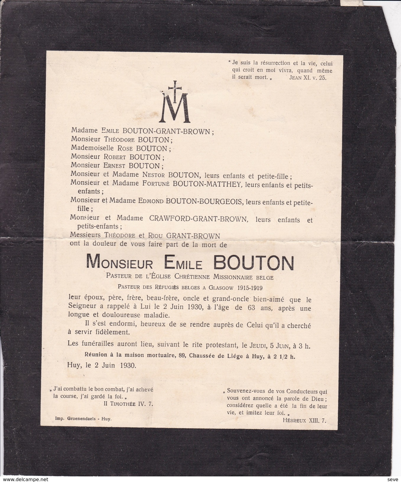 14-18 Emile BOUTON Pasteur Protestant Réfugiés Belges à Glasgow 1915-1919 Huy 63 Ans 1930 Faire-part Décès - Esquela