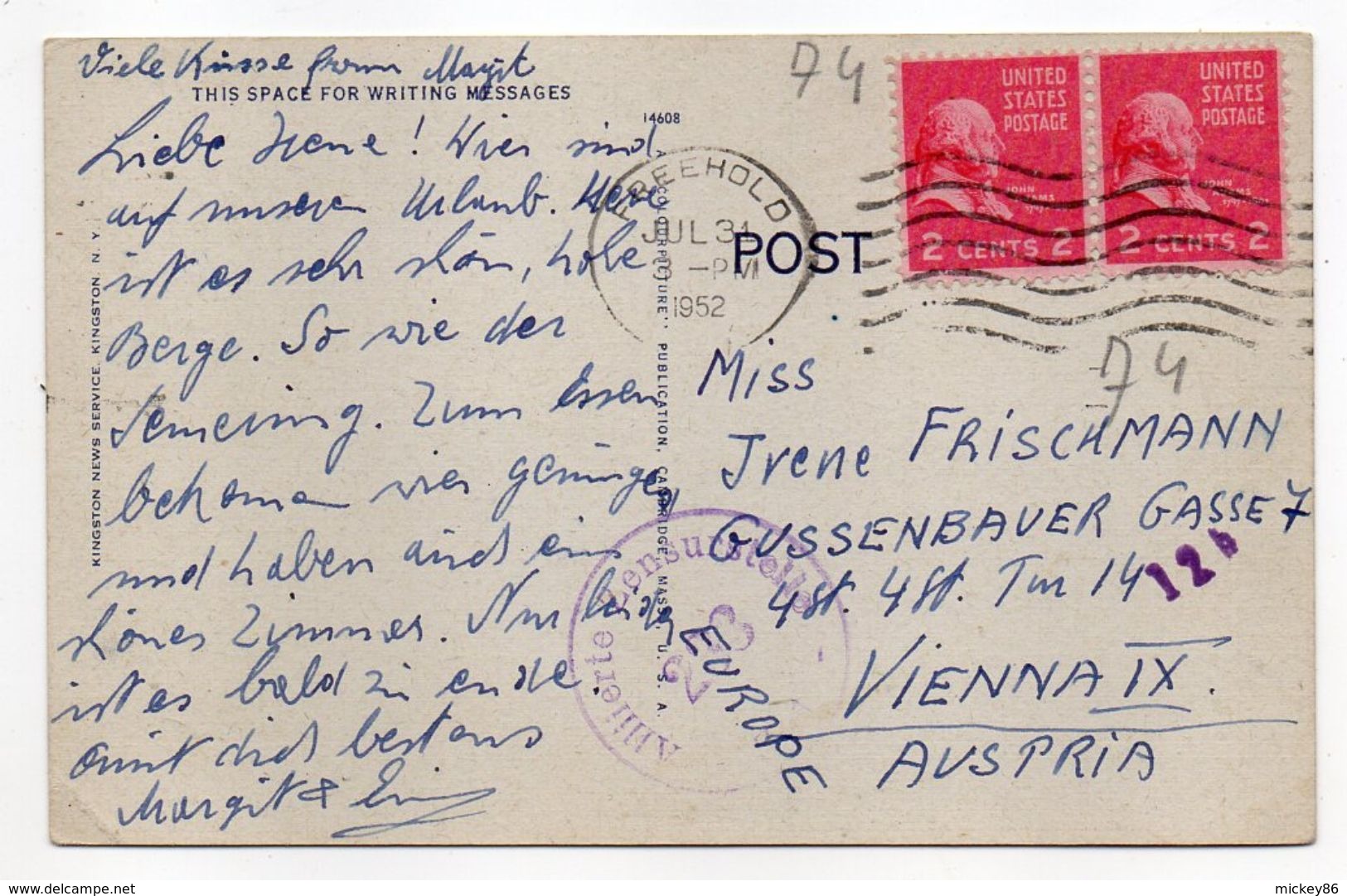 USA--1952-Postcard FREEHOLD (NJ) Pour L'Autriche-timbres -cachets Dont CENSURE 238 - Briefe U. Dokumente