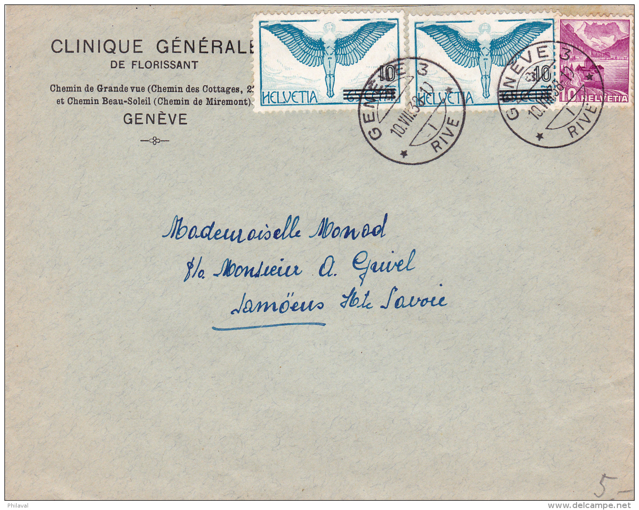 2 X Le No F 22 &amp; No 203 Sur Lettre De La Clinique Générale De Florissant, Oblitérée Genève Le 10.VIII.38 - Autres & Non Classés