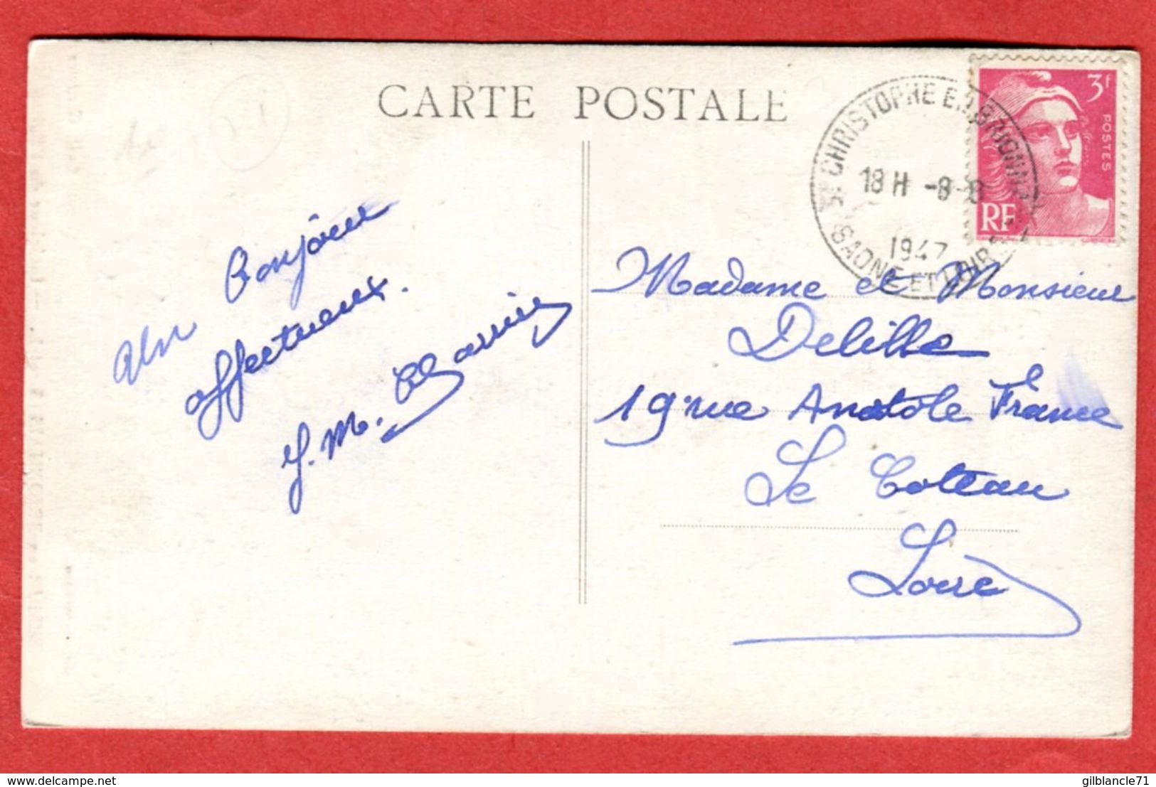 71 Saône Et Loire Saint Christophe En Brionnais Oblitération Manuelle Rotoplan 1947 Timbre Gandon 3 F  Tarif CP - Manual Postmarks