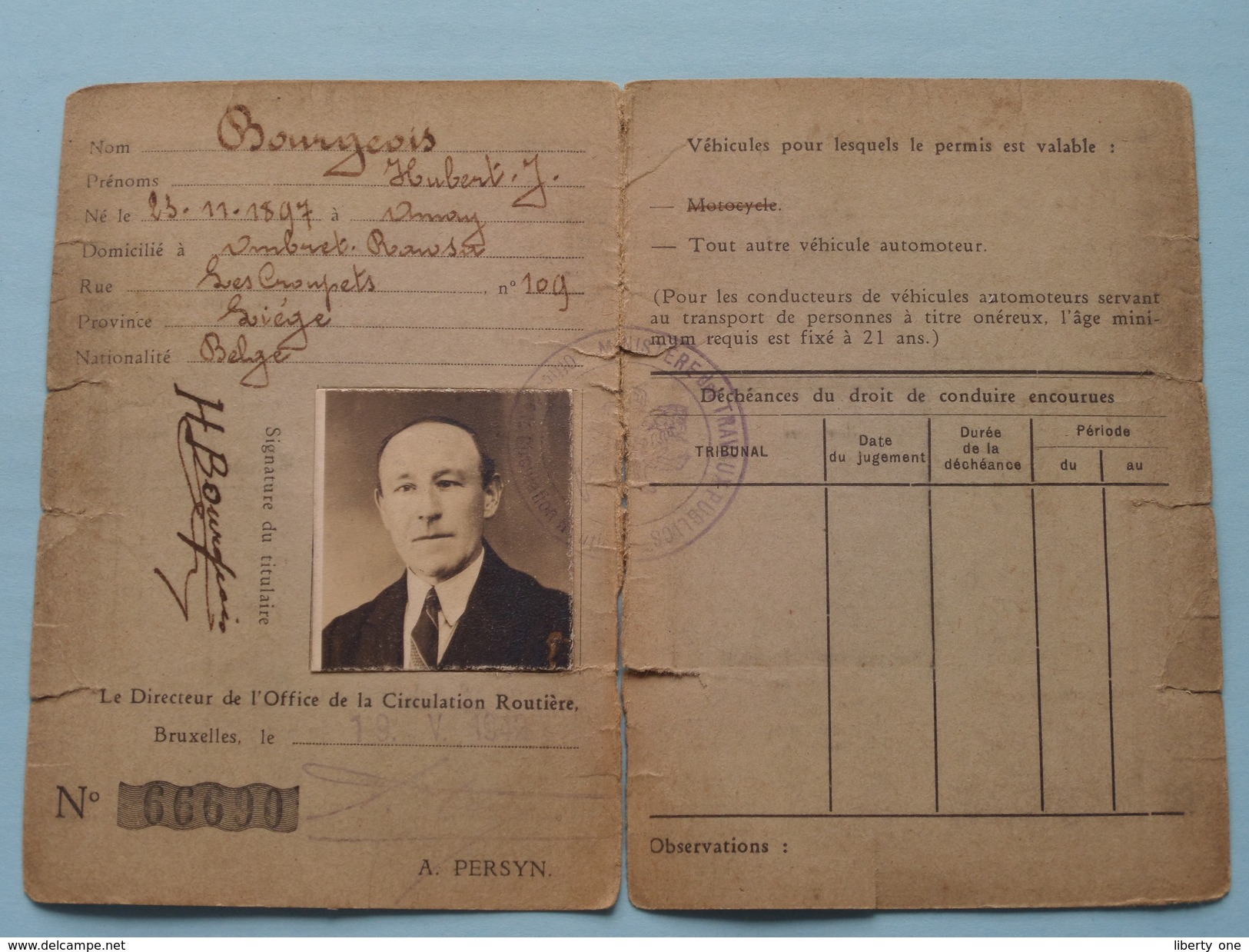 PERMIS De CONDUIRE Belgique ( BOURGEOIS 1897 ) N° 66690 Liège 1942 + Xtra Docu ( Details Zie Foto ) ! - Unclassified