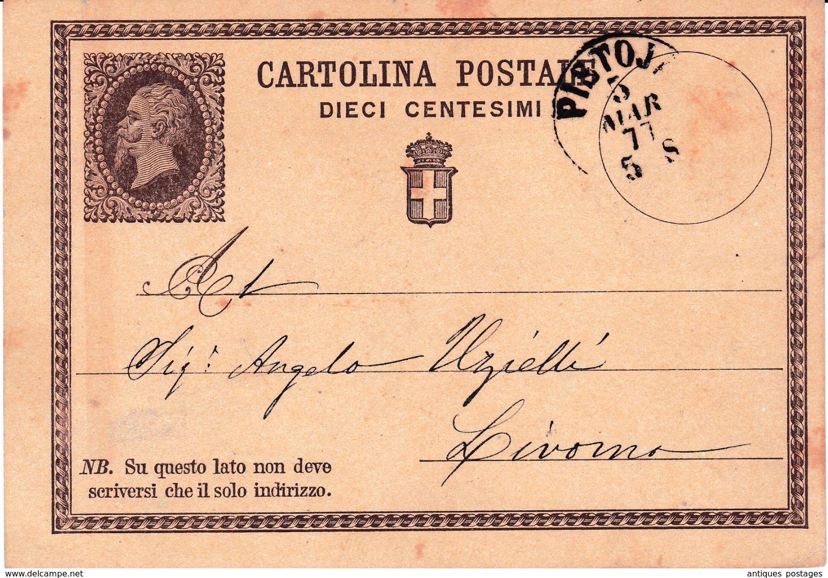 Carte Postale Pistoia Italie 1877 Cartolina Postale  Livorno Livourne - Interi Postali