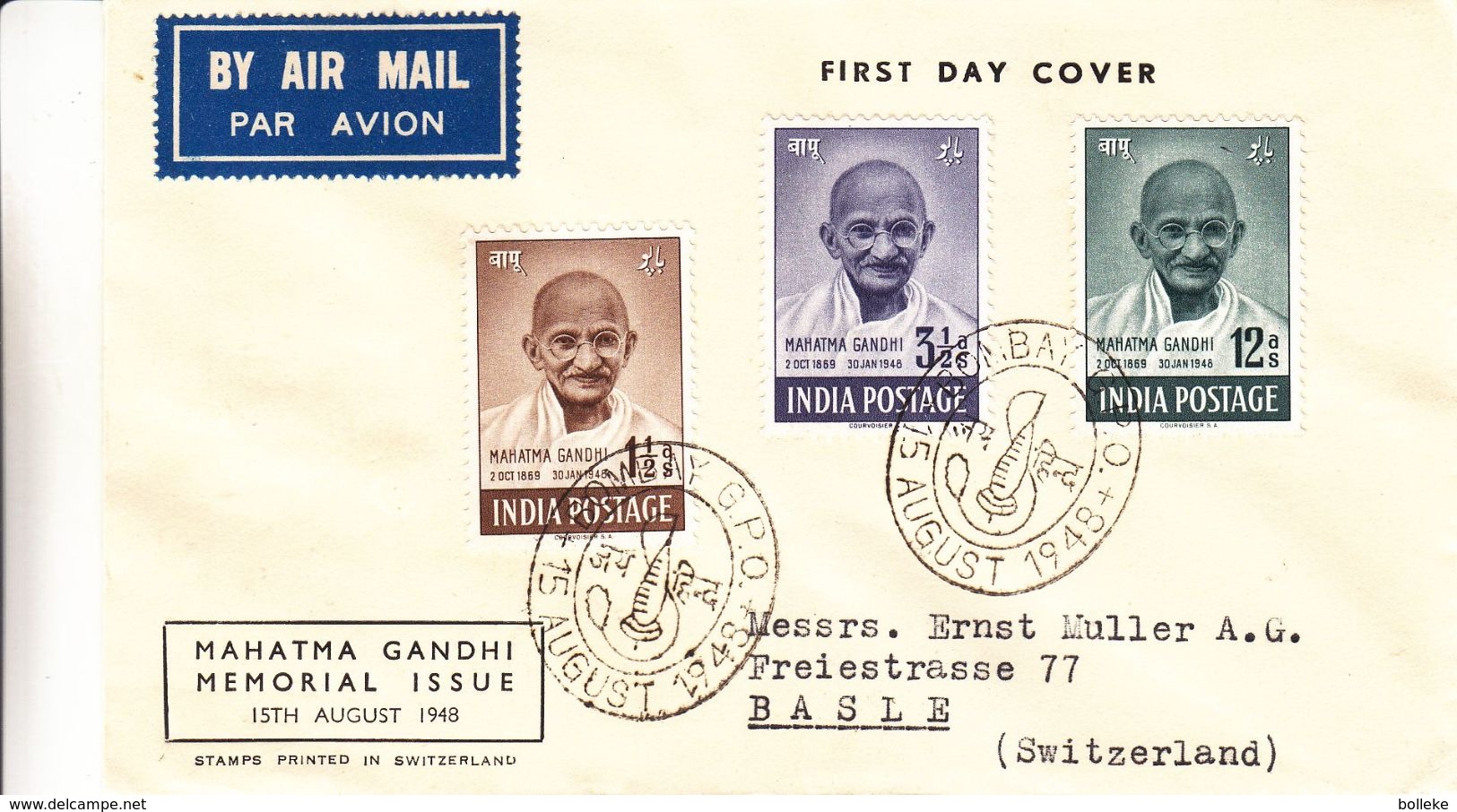 Mahatma Gandhi - Inde - Lettre FDC De 1948 - Oblit Bombay G.P.O.- Exp Vers Bale En Suisse - - Lettres & Documents