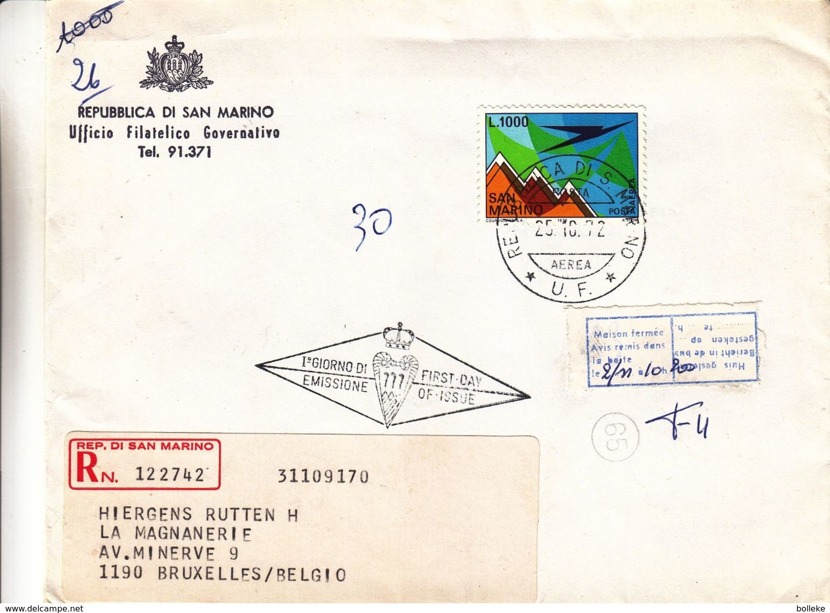 Saint Marin - Lettre Recom De 1972 ° - Oblit Républica Di San Marino - Exp Vers Bruxelles Forest - Lettres & Documents