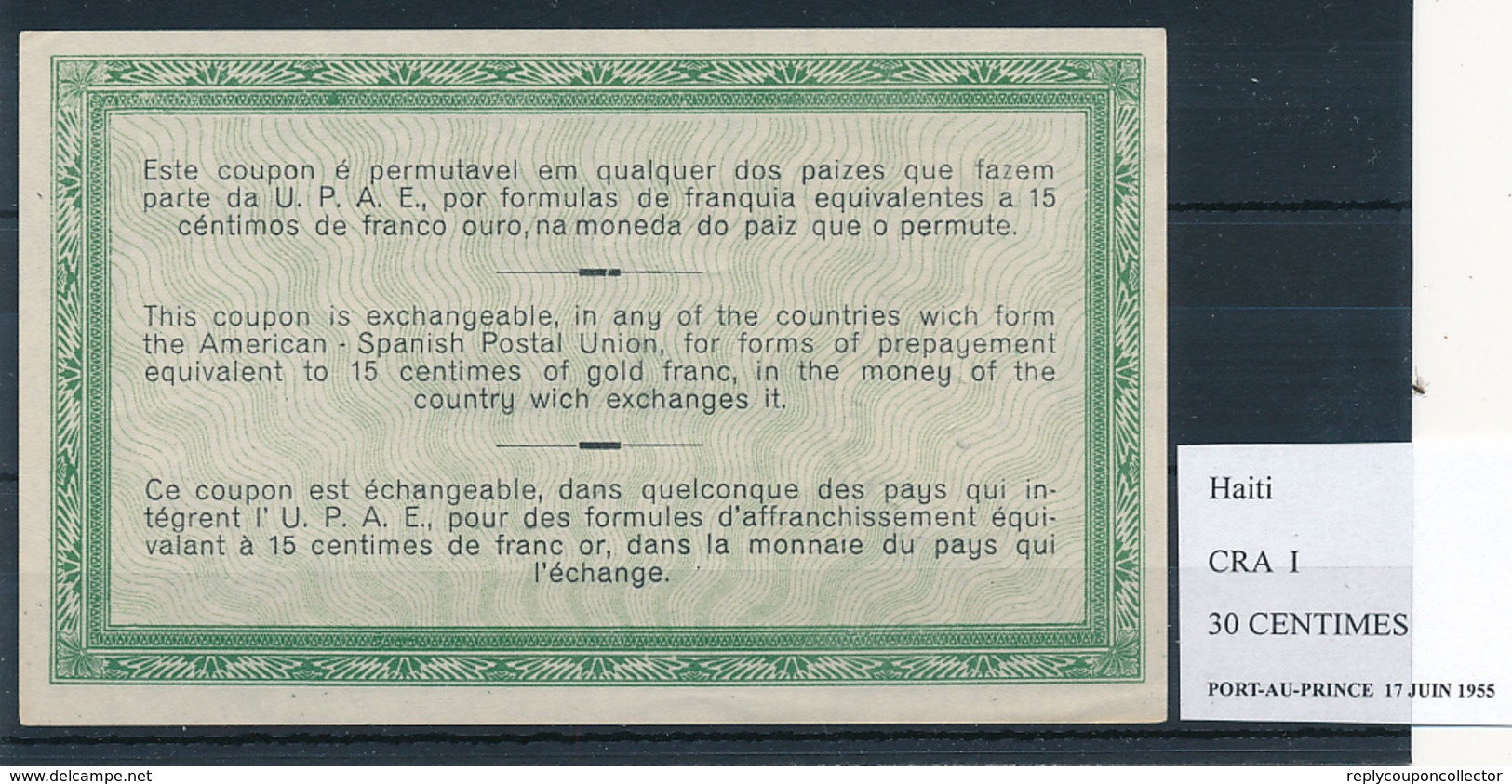 HAITI - Type I  , 30 CENTIMES  - COUPON-RESPUESTA AMERICOESPANOL , Reply Coupon Reponse , UPAE , PUAS - Haïti