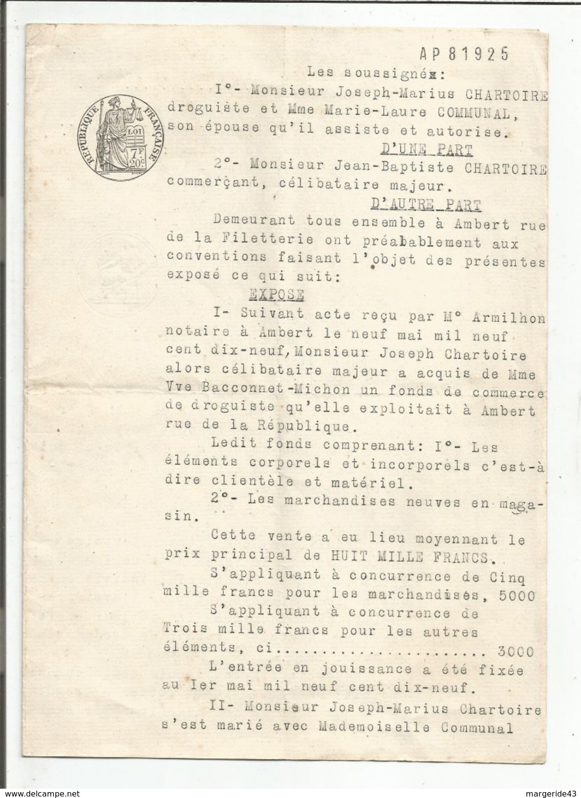 ACTE D'ACHAT DE FOND à AMBERT PUY DE DOME - FILIGRANE REPUBLIQUE FRANCAISE 1930 - Non Classés