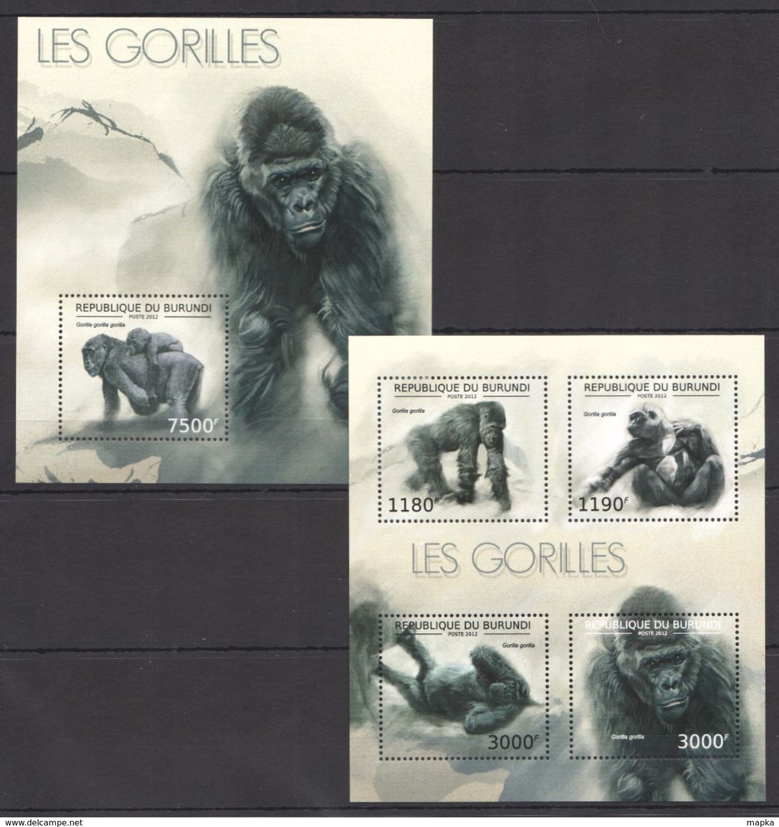 J140 2012 BURUNDI FAUNA WILD ANIMALS MONKEYS LES GORILLES KB+BL MNH - Gorillas