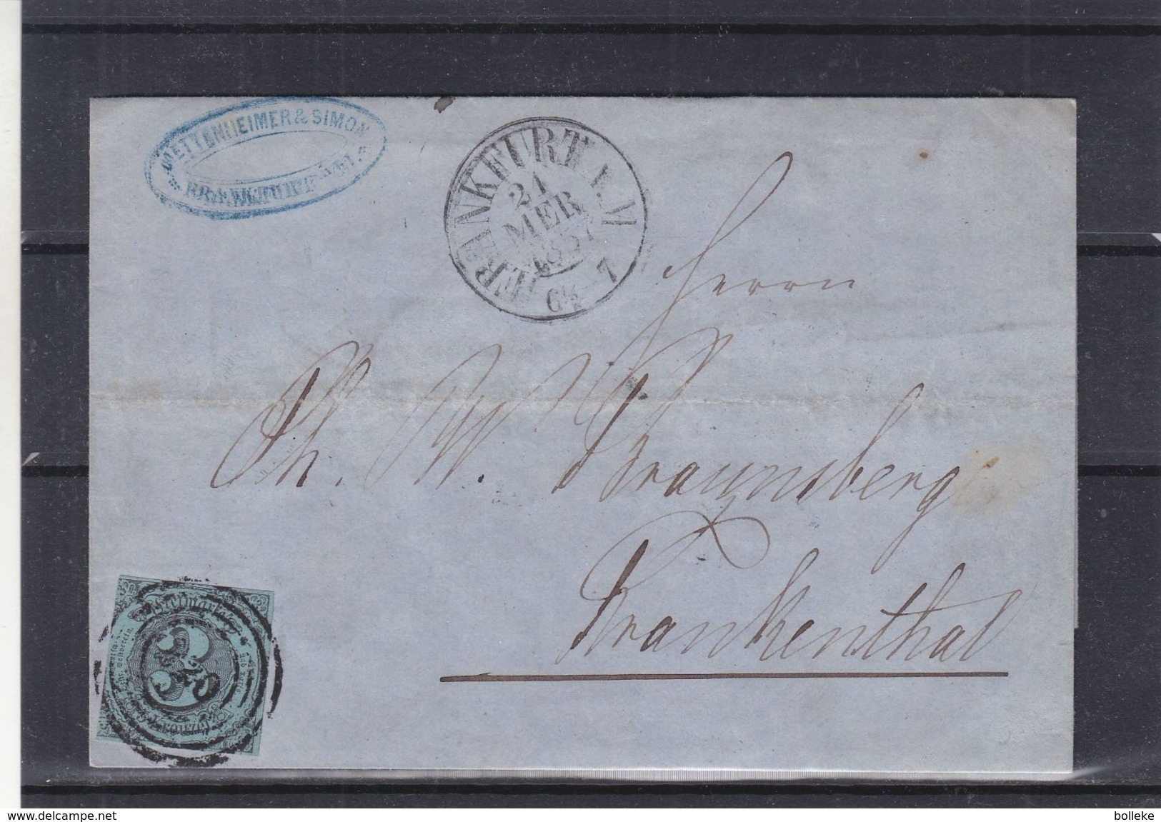 Allemagne - Tour Et Taxis - Lettre De 1857 - Oblit Frankfurt - Exp Vers Frankenthal - Valeur 95 € - Lettres & Documents